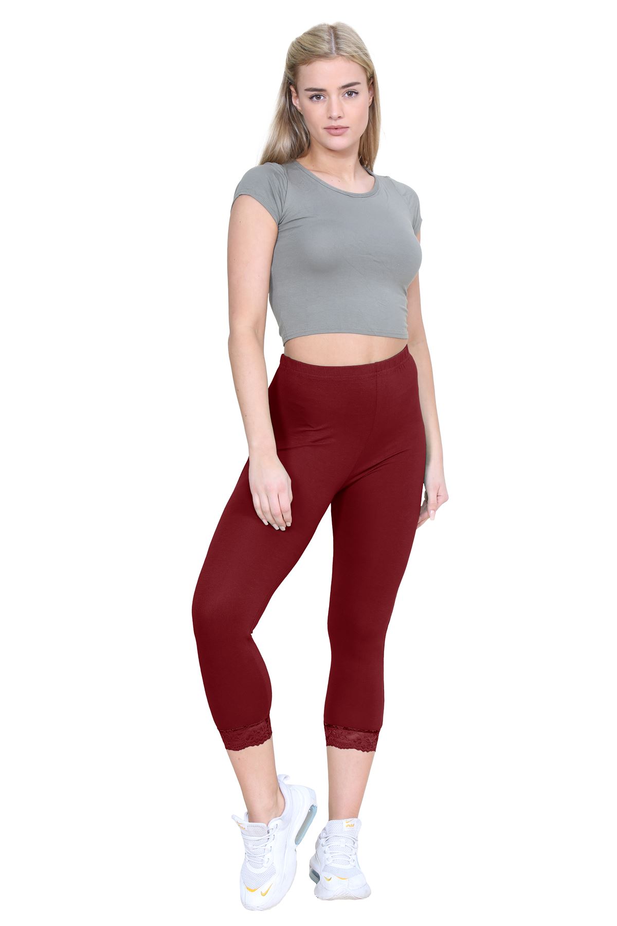 New Ladies Plain Lace Trim Cropped Yoga Stretchy 3/4 Length Capri Leggings Pants - Picture 119 of 132
