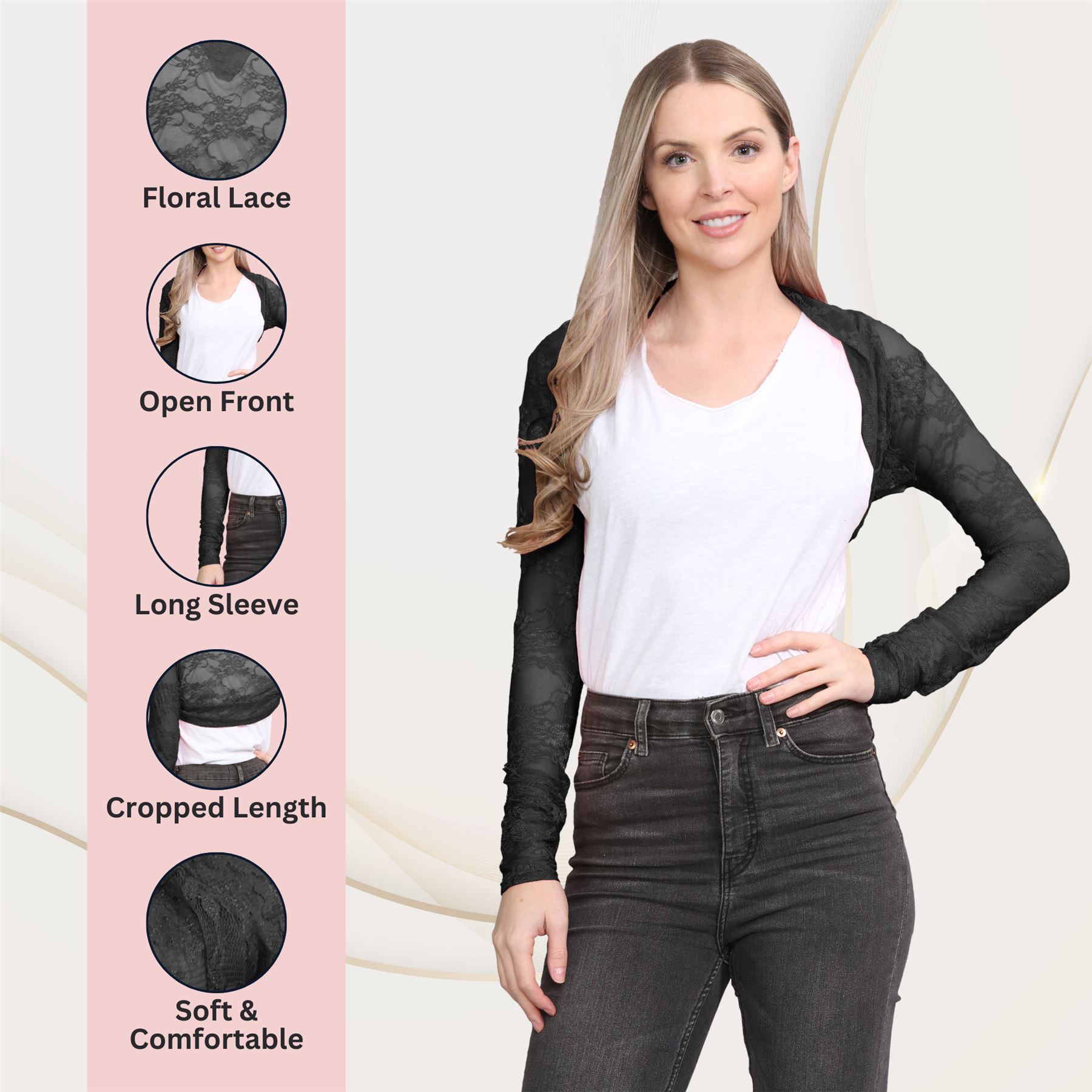 Damen Blumen Spitze Bolero Achselzucken vorne offen lange Ärmel Cropped Cardigan Top - Bild 5 von 79