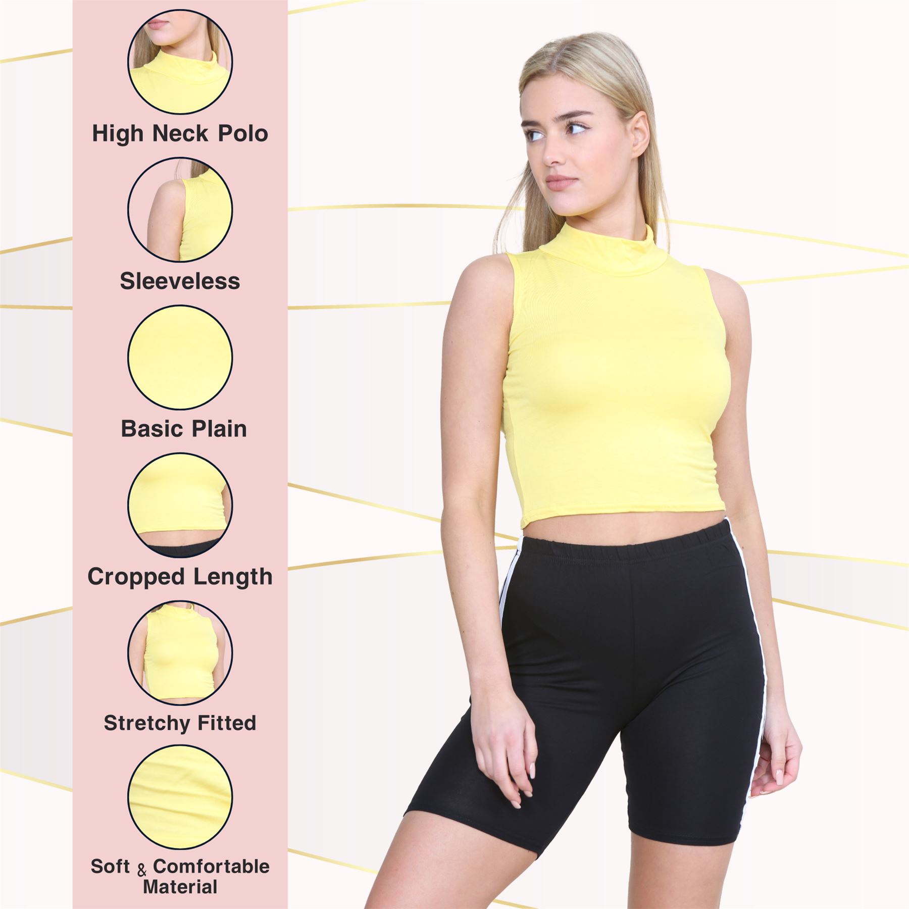 Womens Sleeveless Crop Top Ladies High Turtle Neck Plain Stretchy T-Shirt Vest - Picture 165 of 165