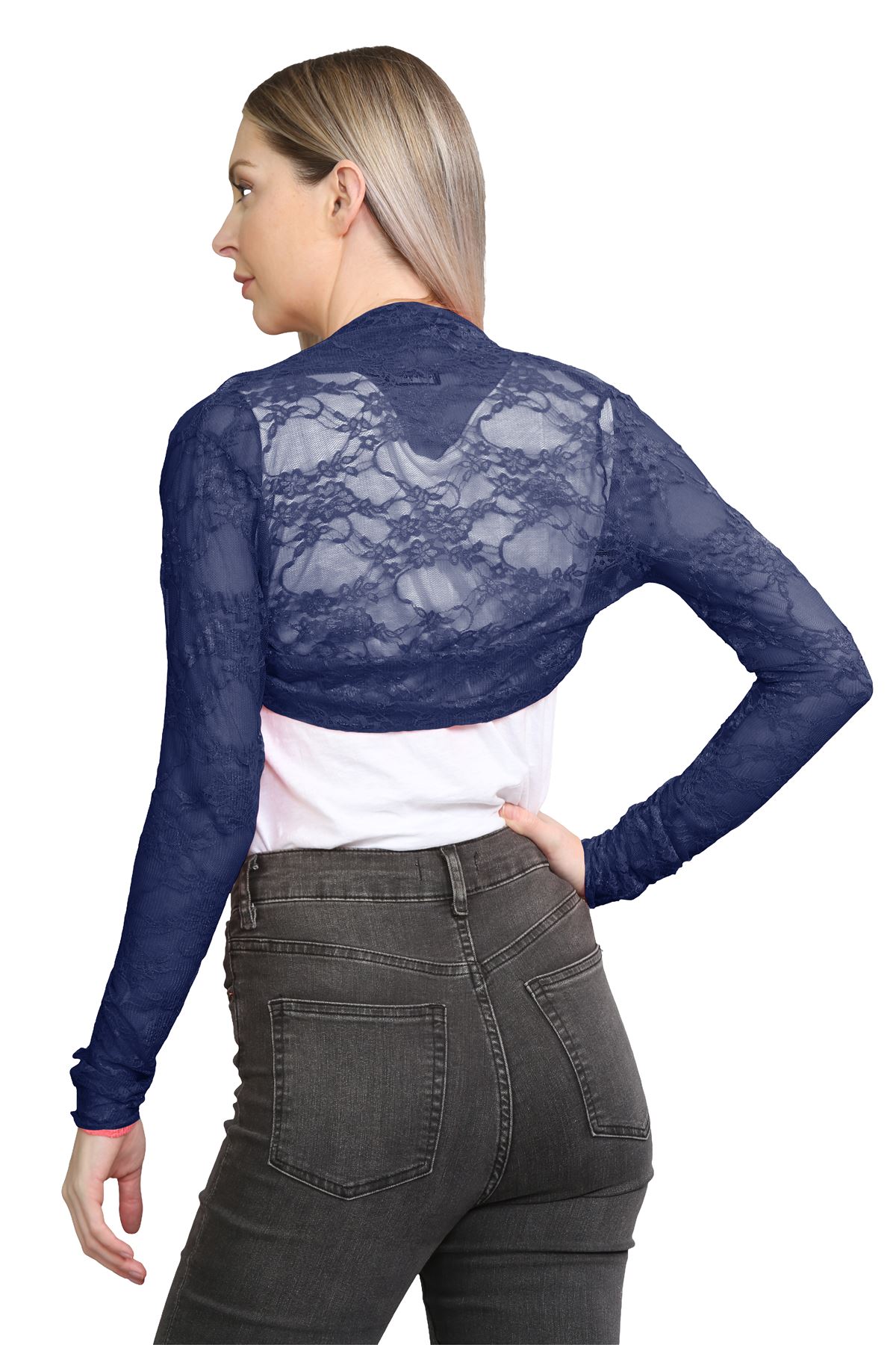 Damen Blumen Spitze Bolero Achselzucken vorne offen lange Ärmel Cropped Cardigan Top - Bild 34 von 79