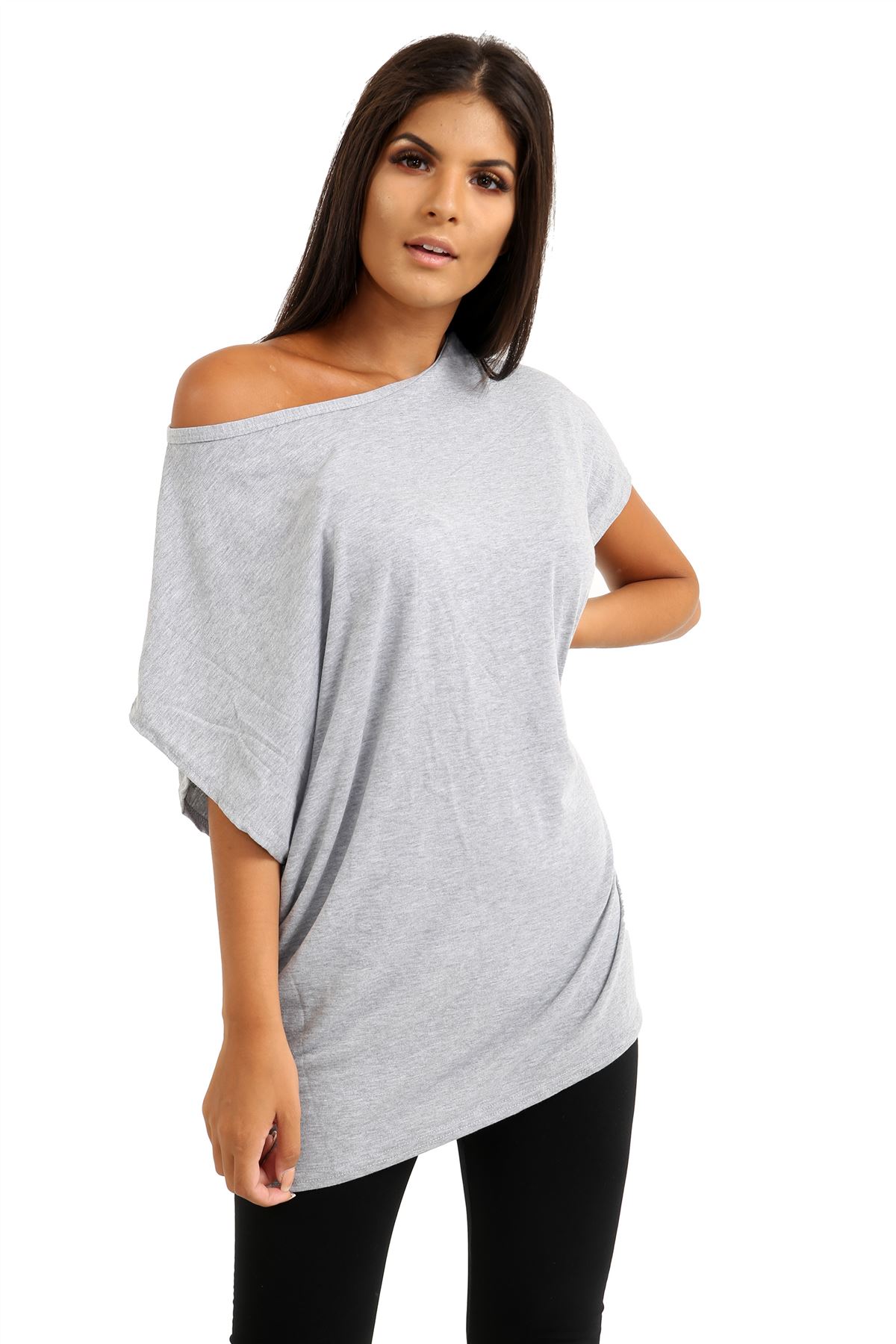 Schulterfreies Damen-T-Shirt Oberteil Fledermausärmel Oversize uni Freizeit Bardot Oberteil - Bild 58 von 225