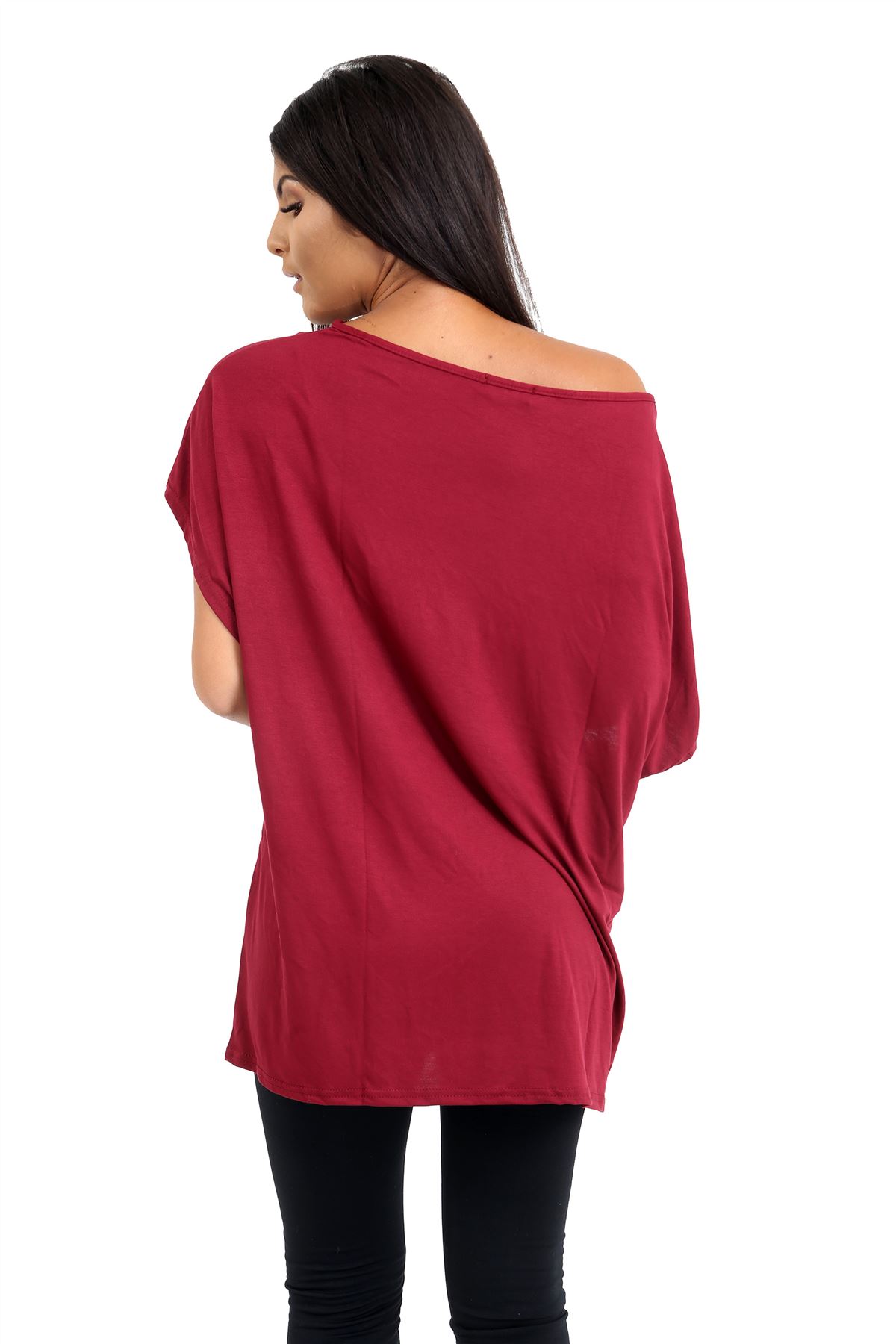 Schulterfreies Damen-T-Shirt Oberteil Fledermausärmel Oversize uni Freizeit Bardot Oberteil - Bild 216 von 225