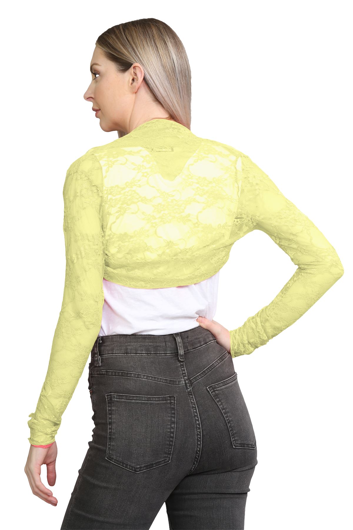 Damen Blumen Spitze Bolero Achselzucken vorne offen lange Ärmel Cropped Cardigan Top - Bild 76 von 79