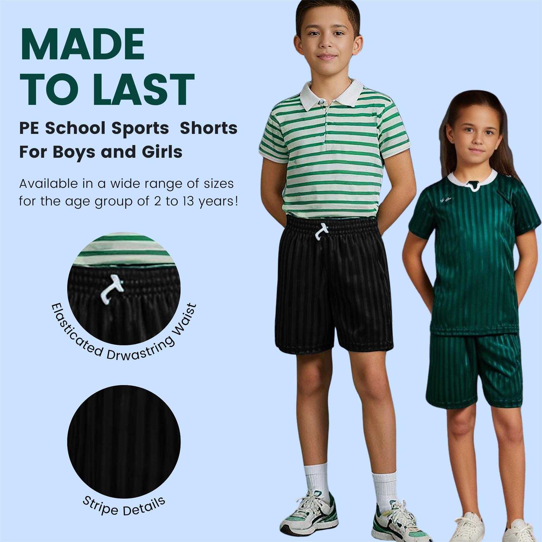 Kinder PE Schulshorts Jungen Kinder Schattenstreifen Unisex Sport Fußball kurze Hose - Bild 5 von 42