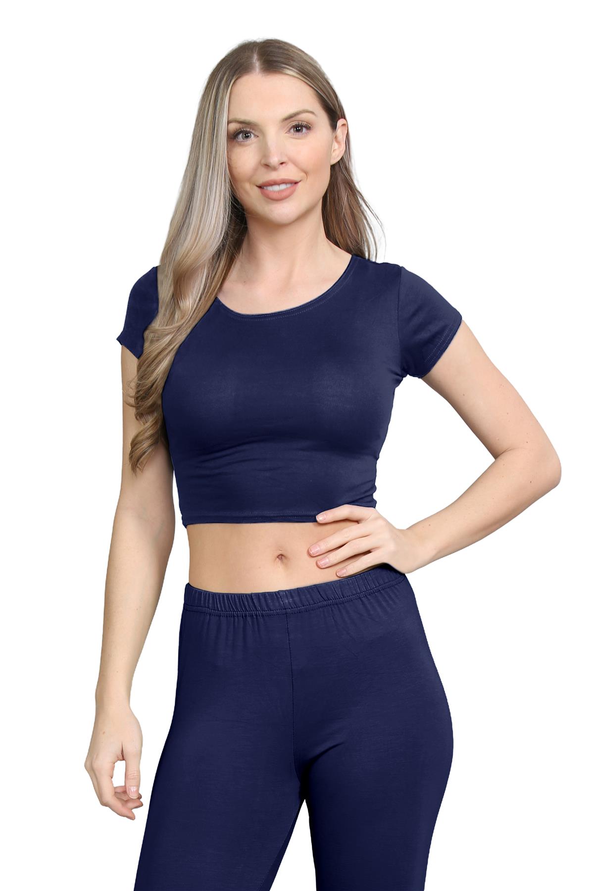 Damen Trainingsanzug Kurzarm Crop Top Sport Legging Workout Aktiv Lounge Set - Bild 80 von 148