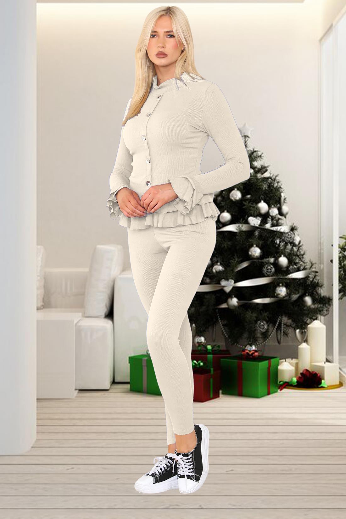 Damas Juego de 2 piezas de ropa de salón con botones peplum manga larga - Imagen 55 de 55