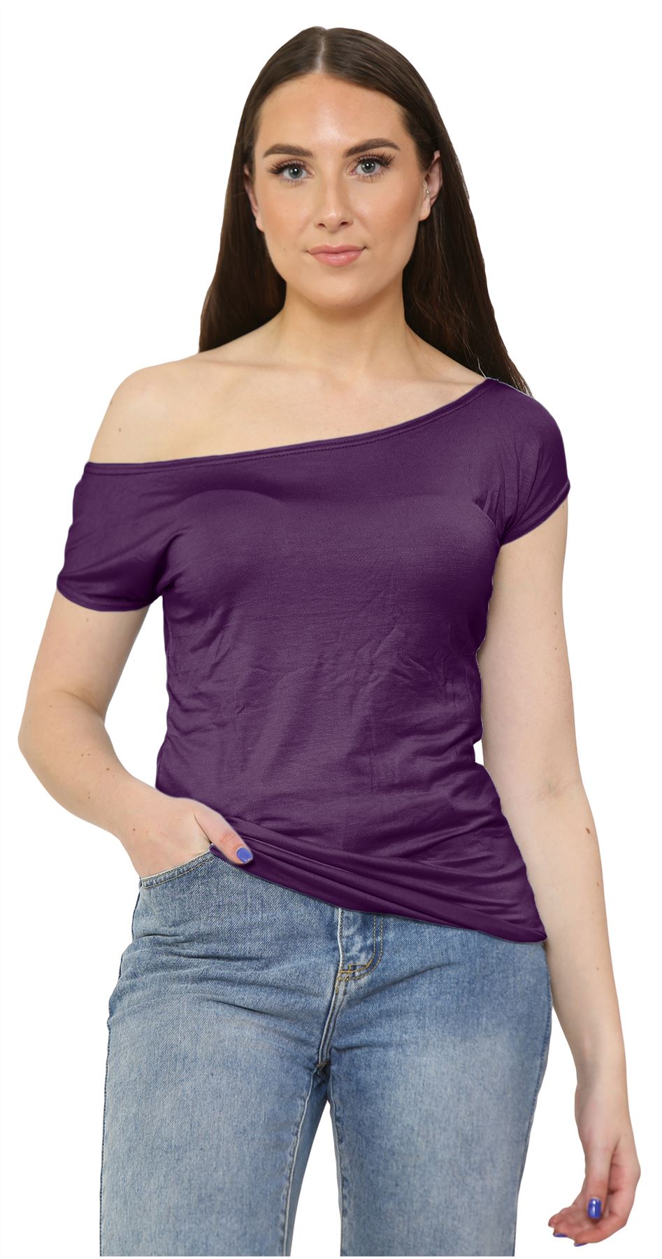 Nuevo Damas Mangas Cortas Hombro Liso Elastizado Calce Ajustado Bardot Camiseta Prenda para el torso - Imagen 32 de 58