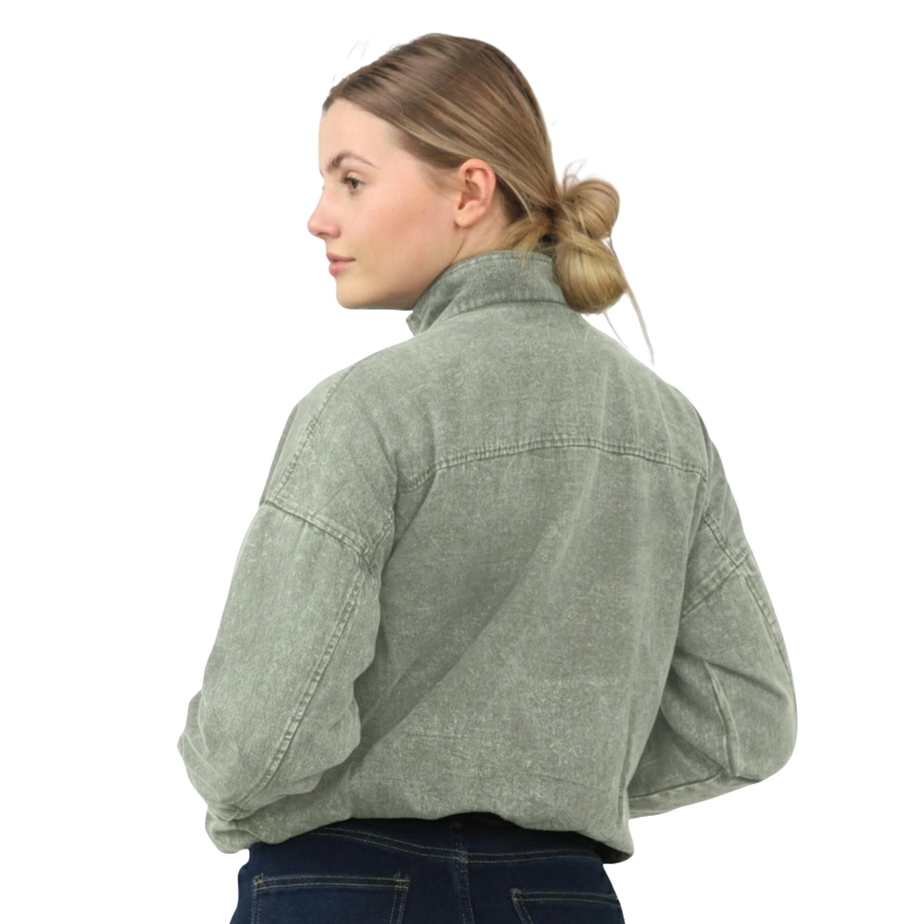 Damen-Bomberjacke Acid Washed lässig Reißverschlusskragen Oberbekleidung kurzer Wintermantel - Bild 10 von 18