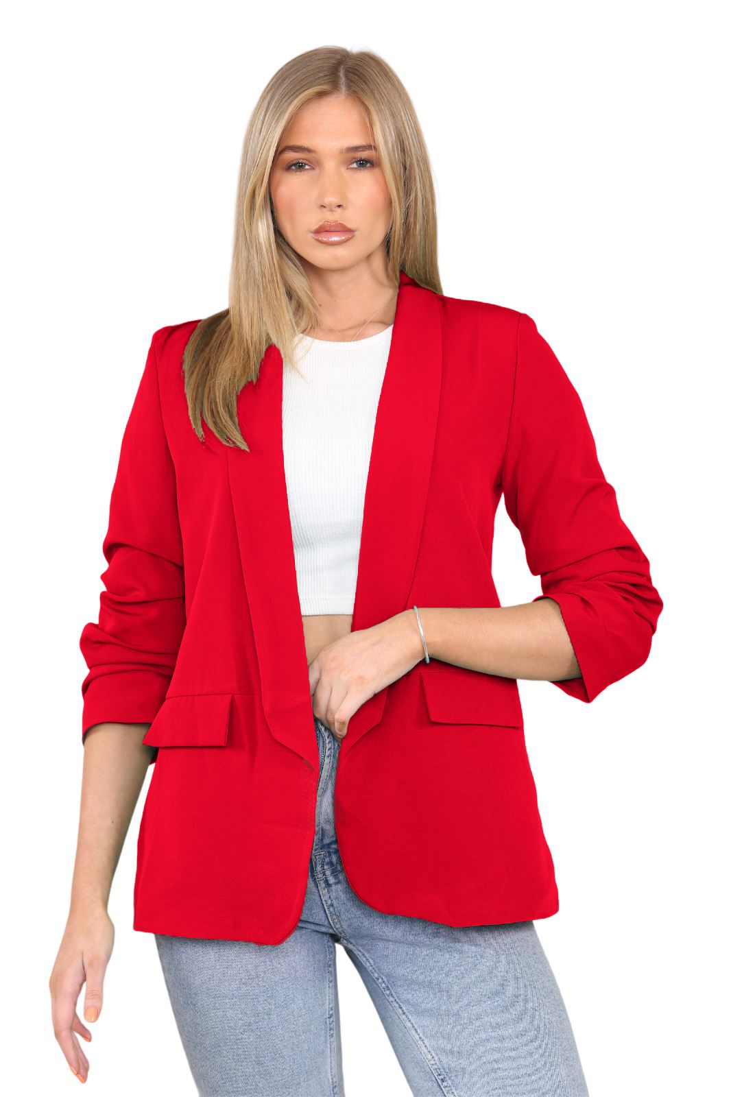 Blazer de manga acanalada para damas totalmente forrado cuello liso informal chaqueta de oficina top - Imagen 60 de 97