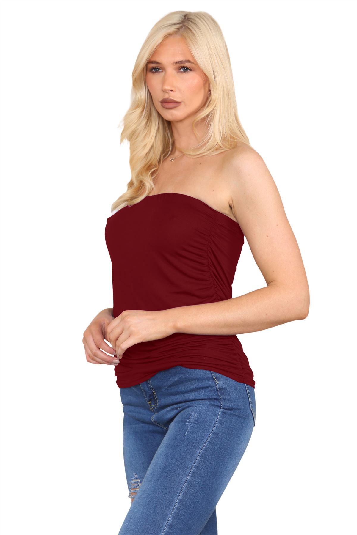 Para mujer Bandeau Top Sin tirantes Boobtube Lado Liso Fruncido Chaleco Camiseta Verano - Imagen 115 de 120