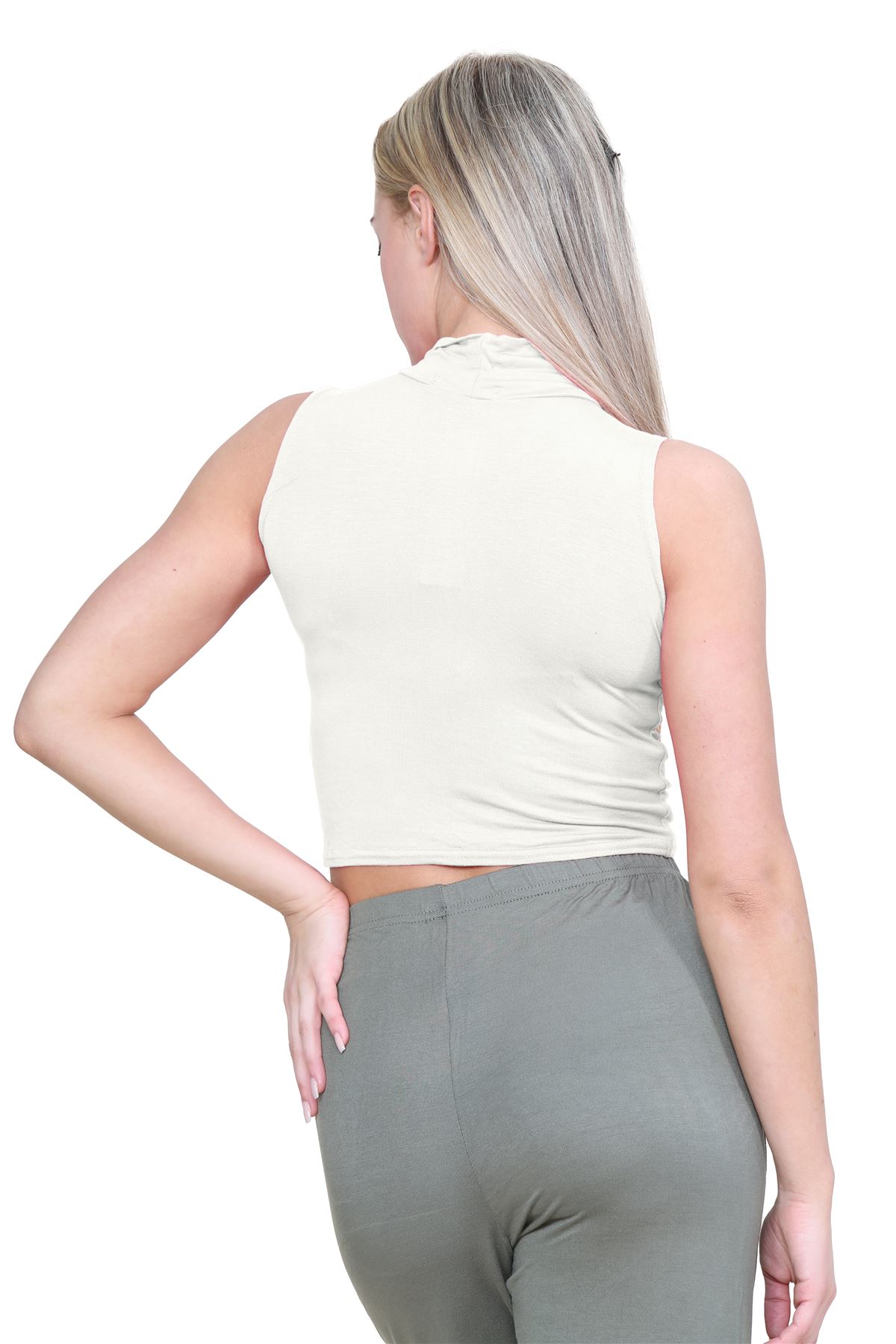 Womens Sleeveless Crop Top Ladies High Turtle Neck Plain Stretchy T-Shirt Vest - Picture 48 of 165