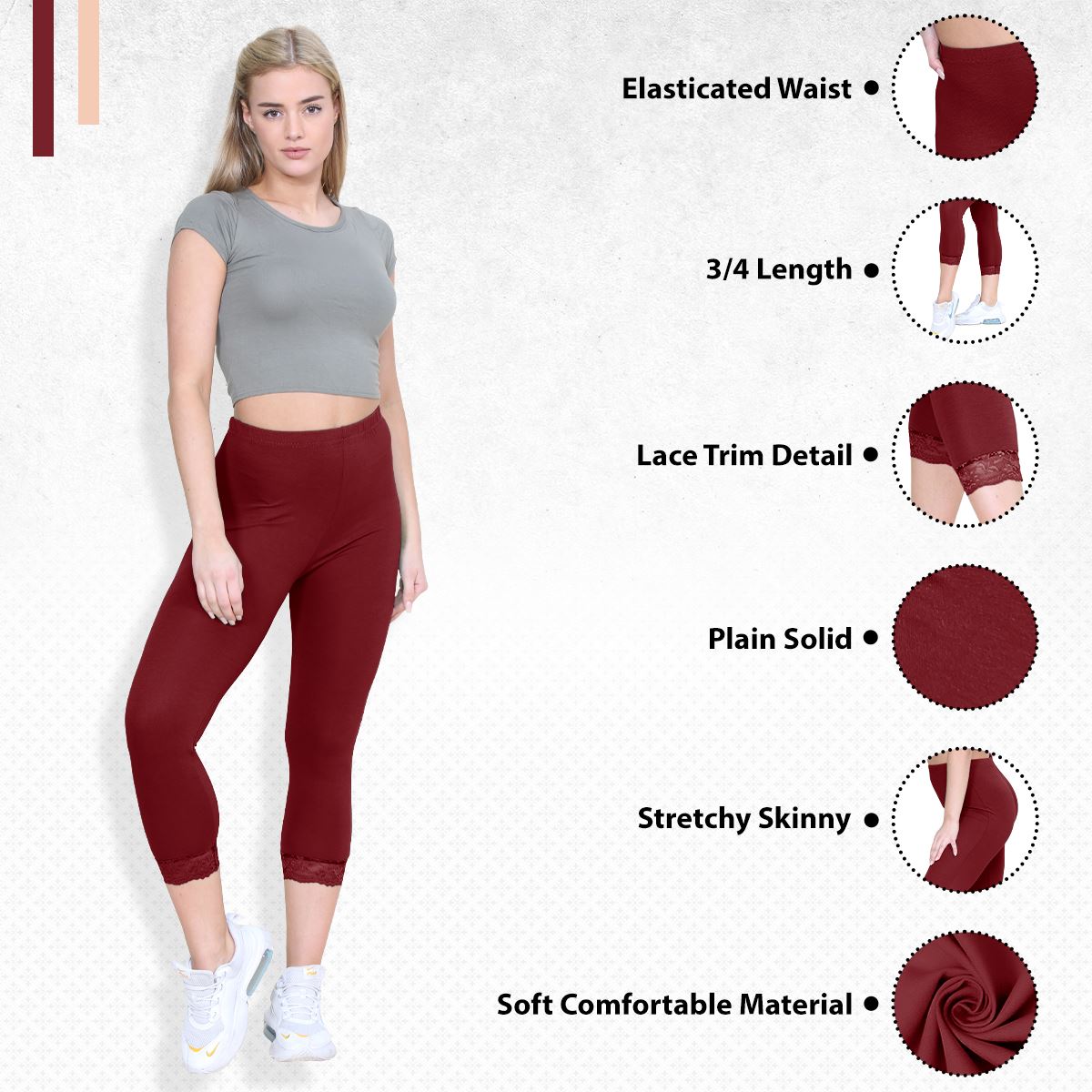New Ladies Plain Lace Trim Cropped Yoga Stretchy 3/4 Length Capri Leggings Pants - Picture 121 of 132