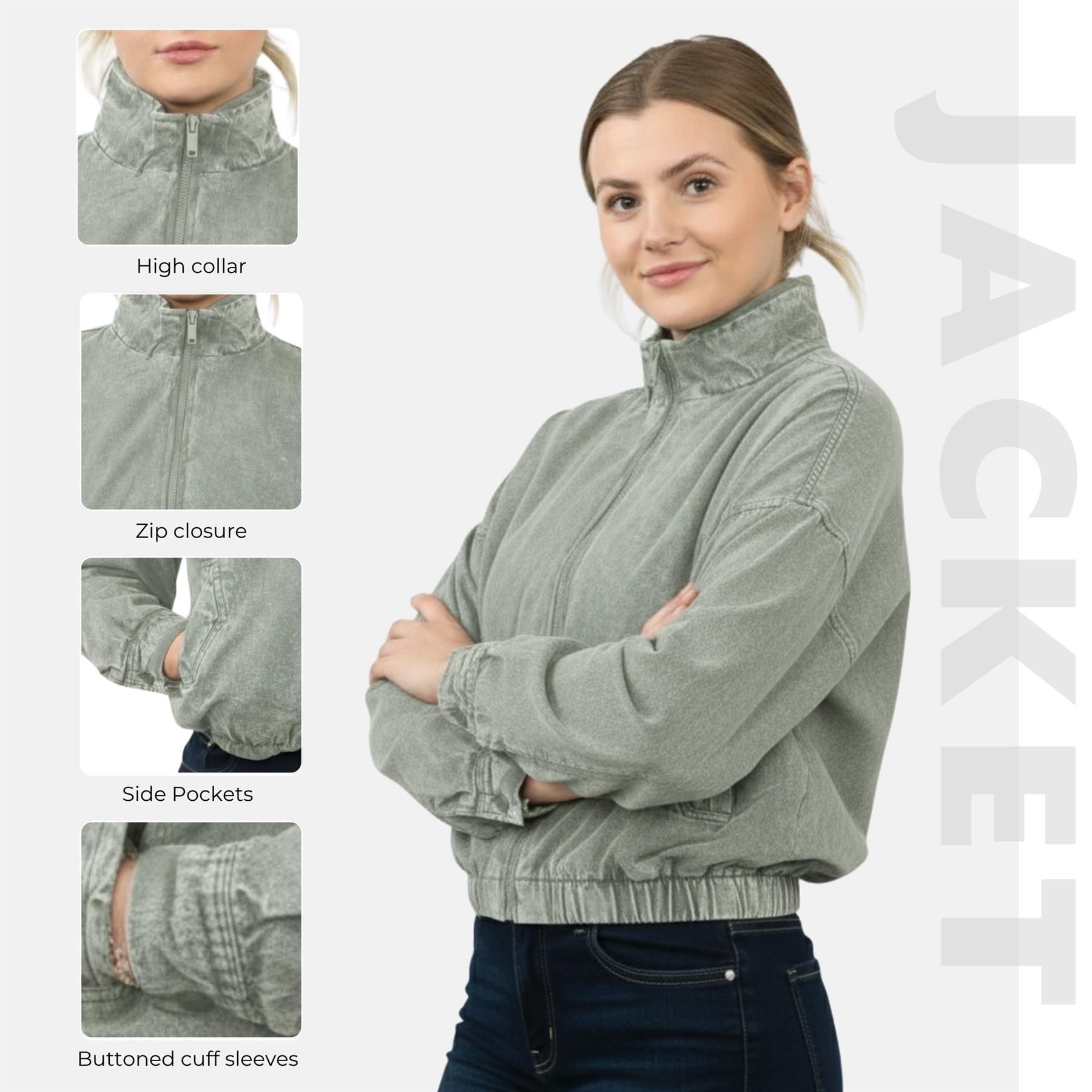 Damen-Bomberjacke Acid Washed lässig Reißverschlusskragen Oberbekleidung kurzer Wintermantel - Bild 12 von 18