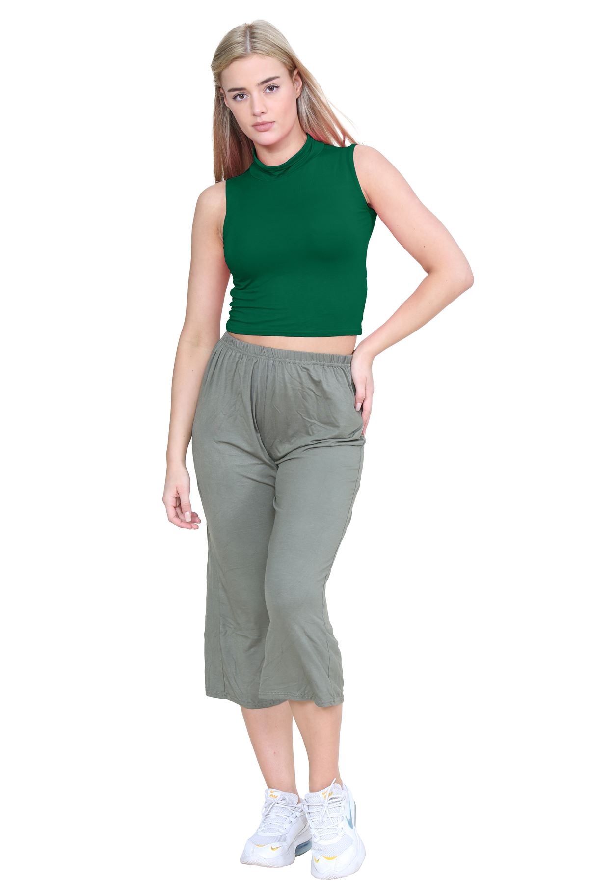 Womens Sleeveless Crop Top Ladies High Turtle Neck Plain Stretchy T-Shirt Vest - Picture 8 of 165