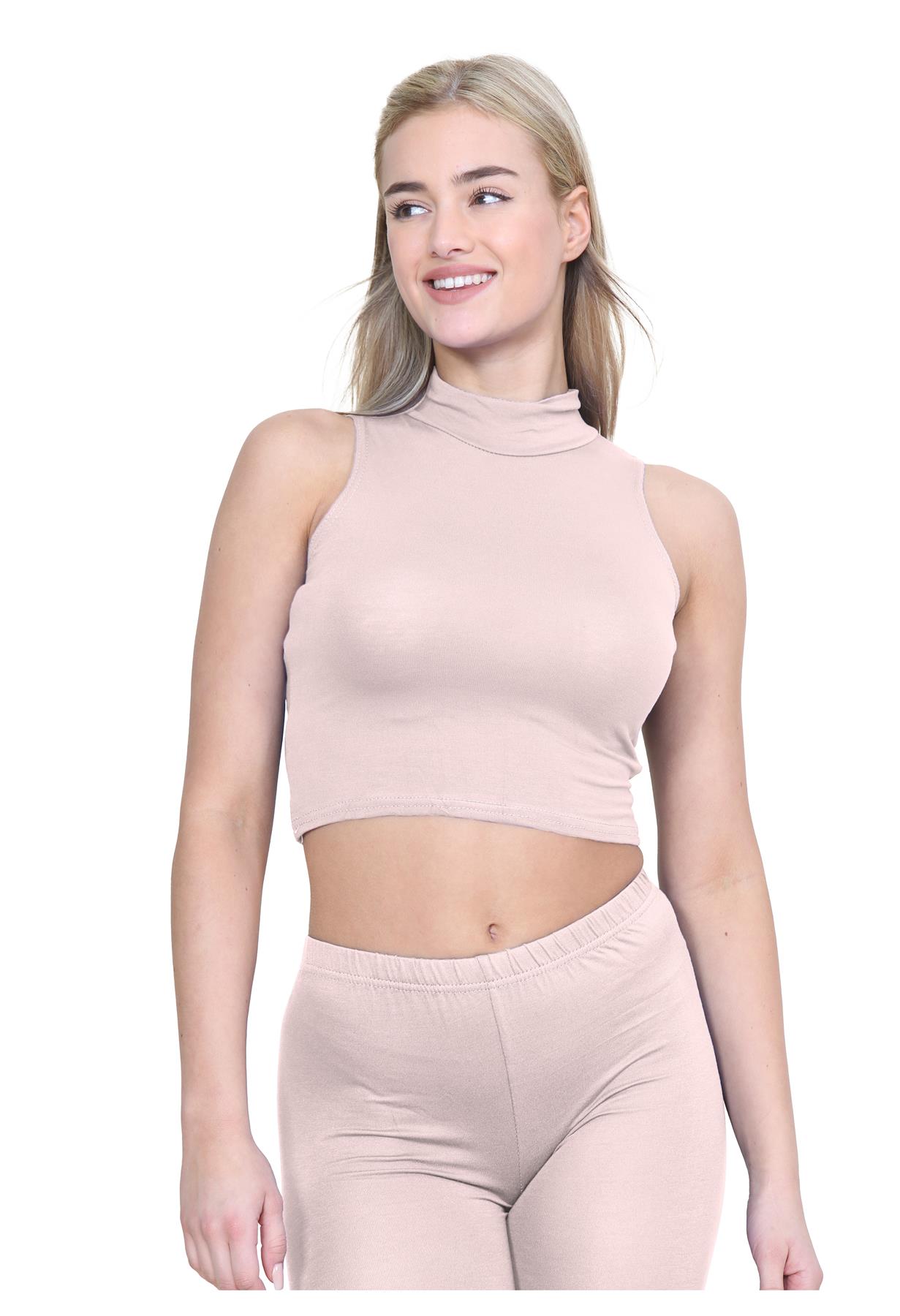 Womens Sleeveless Crop Top Ladies High Turtle Neck Plain Stretchy T-Shirt Vest - Picture 100 of 165