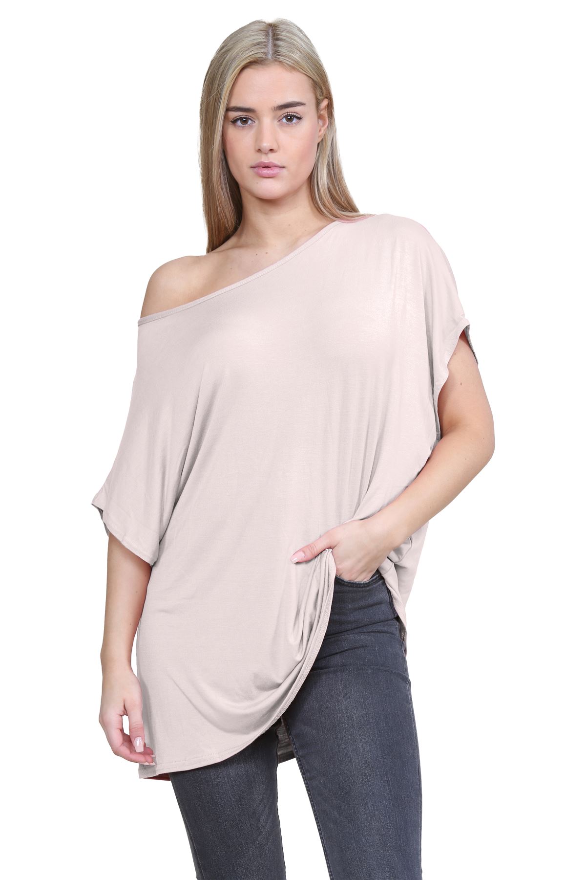Schulterfreies Damen-T-Shirt Oberteil Fledermausärmel Oversize uni Freizeit Bardot Oberteil - Bild 100 von 225