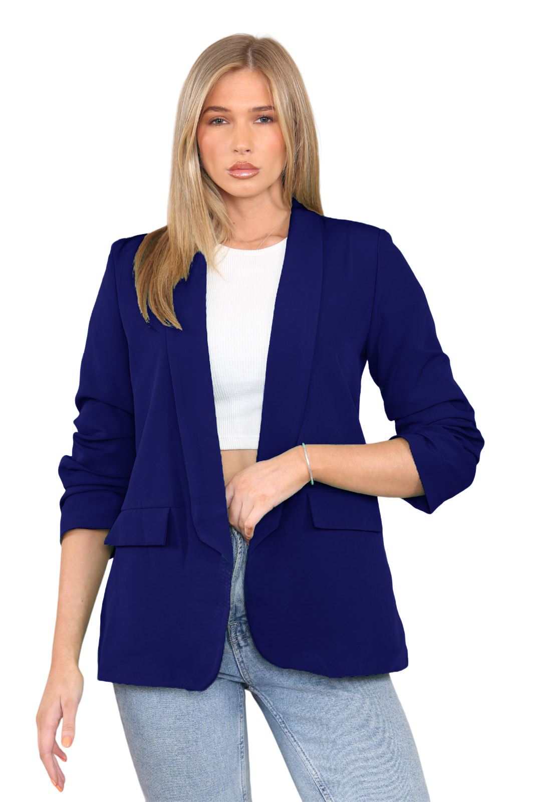Blazer de manga acanalada para damas totalmente forrado cuello liso informal chaqueta de oficina top - Imagen 47 de 97