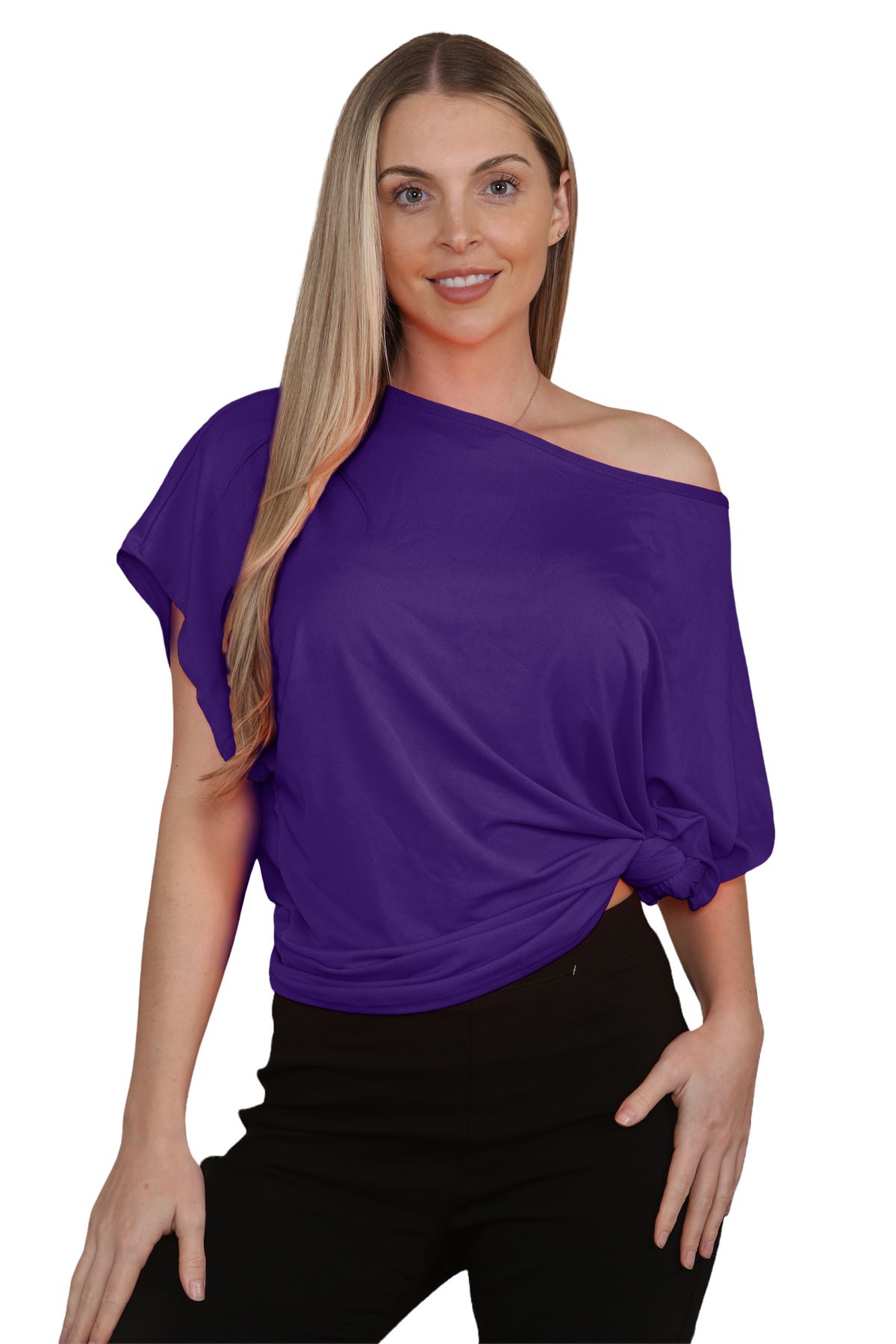 Womens Oversized T Shirt Top Short Sleeve Tie Knot Bardot Off Shoulder Crop Top - Picture 42 of 65