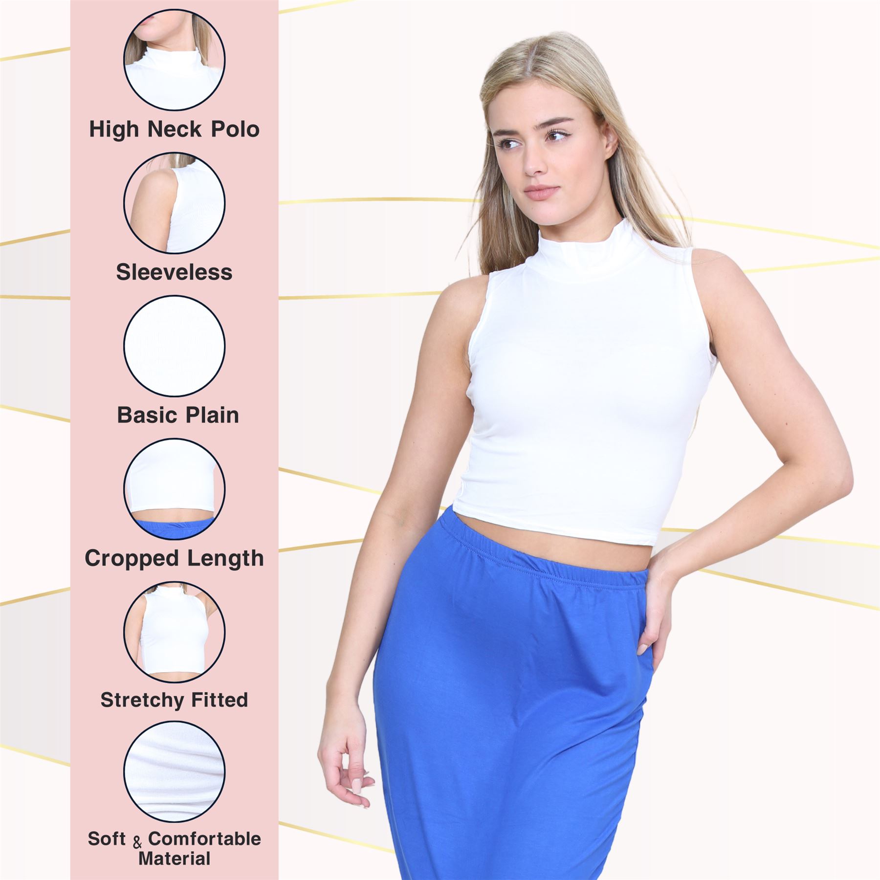 Womens Sleeveless Crop Top Ladies High Turtle Neck Plain Stretchy T-Shirt Vest - Picture 155 of 165