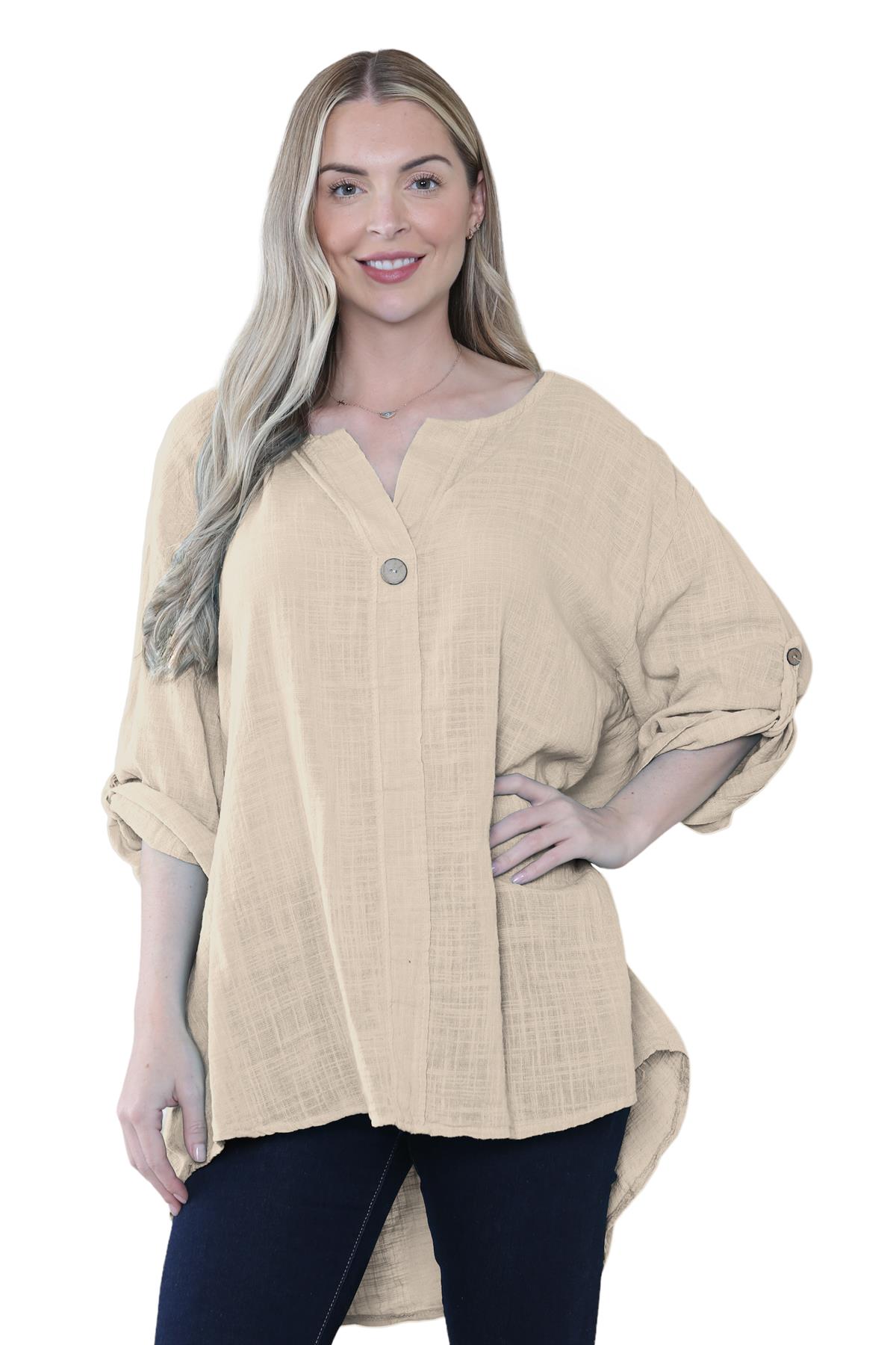 Camiseta informal lisa de lino y algodón con un botón de manga giratoria italiana para dama - Imagen 53 de 63