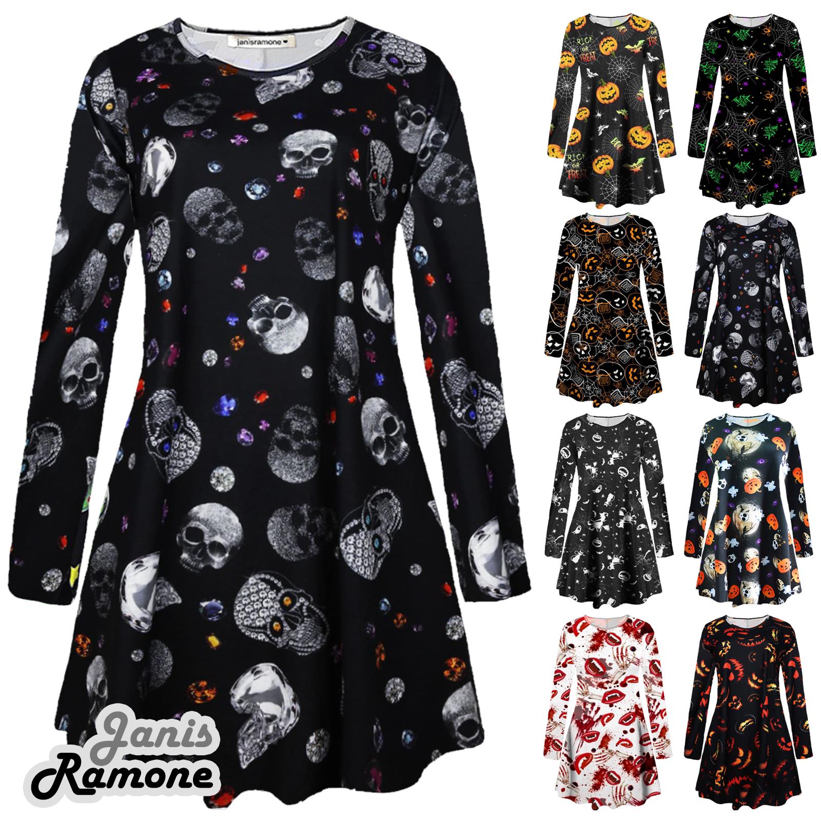 New Ladies Sipder Bat Web Smock Print Flare Halloween Swing Dress Fancy Mini Top