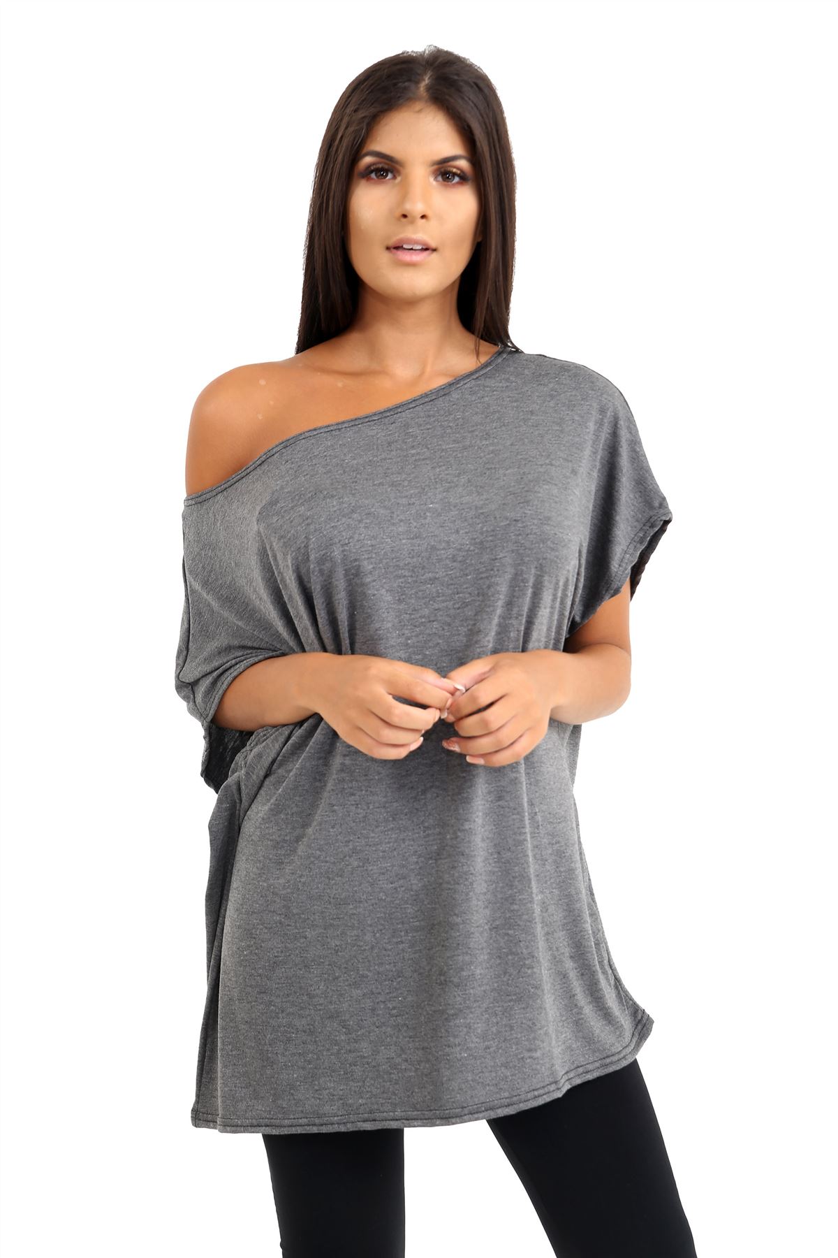 Schulterfreies Damen-T-Shirt Oberteil Fledermausärmel Oversize uni Freizeit Bardot Oberteil - Bild 46 von 225