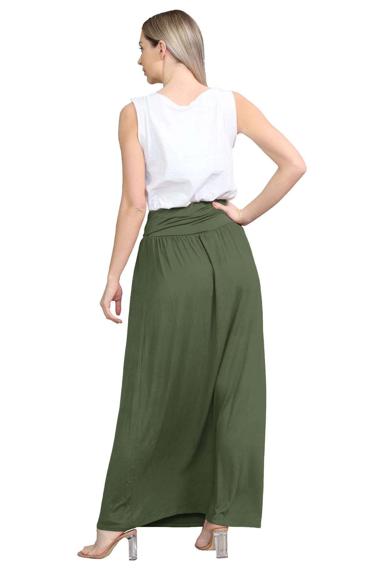 Womens Fold Over Maxi Skirt Plain Pleated Waist Jersey Summer Gypsy Long Skirt - Picture 29 of 68