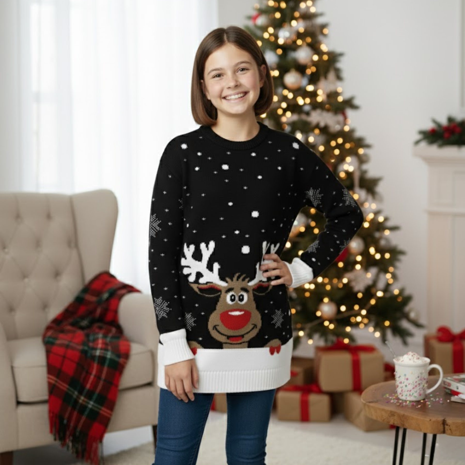 Maglione Renna Bambini Natale Unisex Maglione Girocollo Natale Ragazze Ragazzi Pullover - Foto 7 di 15