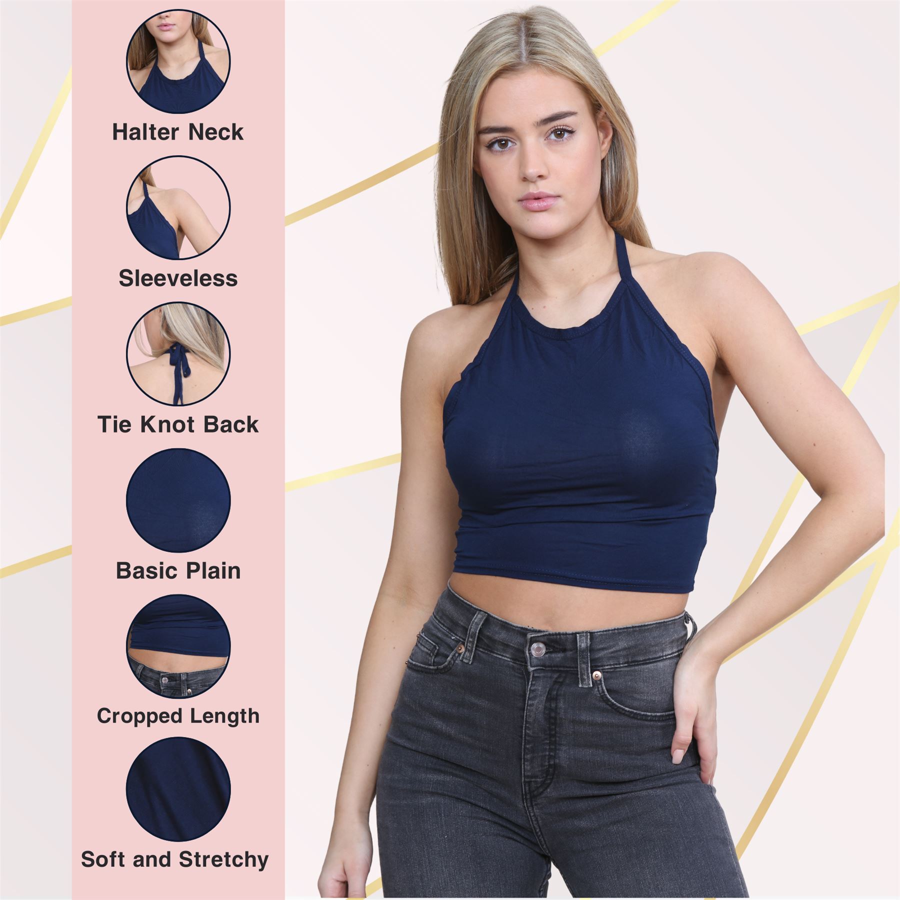 Halter Neck Crop Top Womens Vest Top Plain Tie Knot Top Basic Sleeveless T-Shirt - Picture 106 of 170