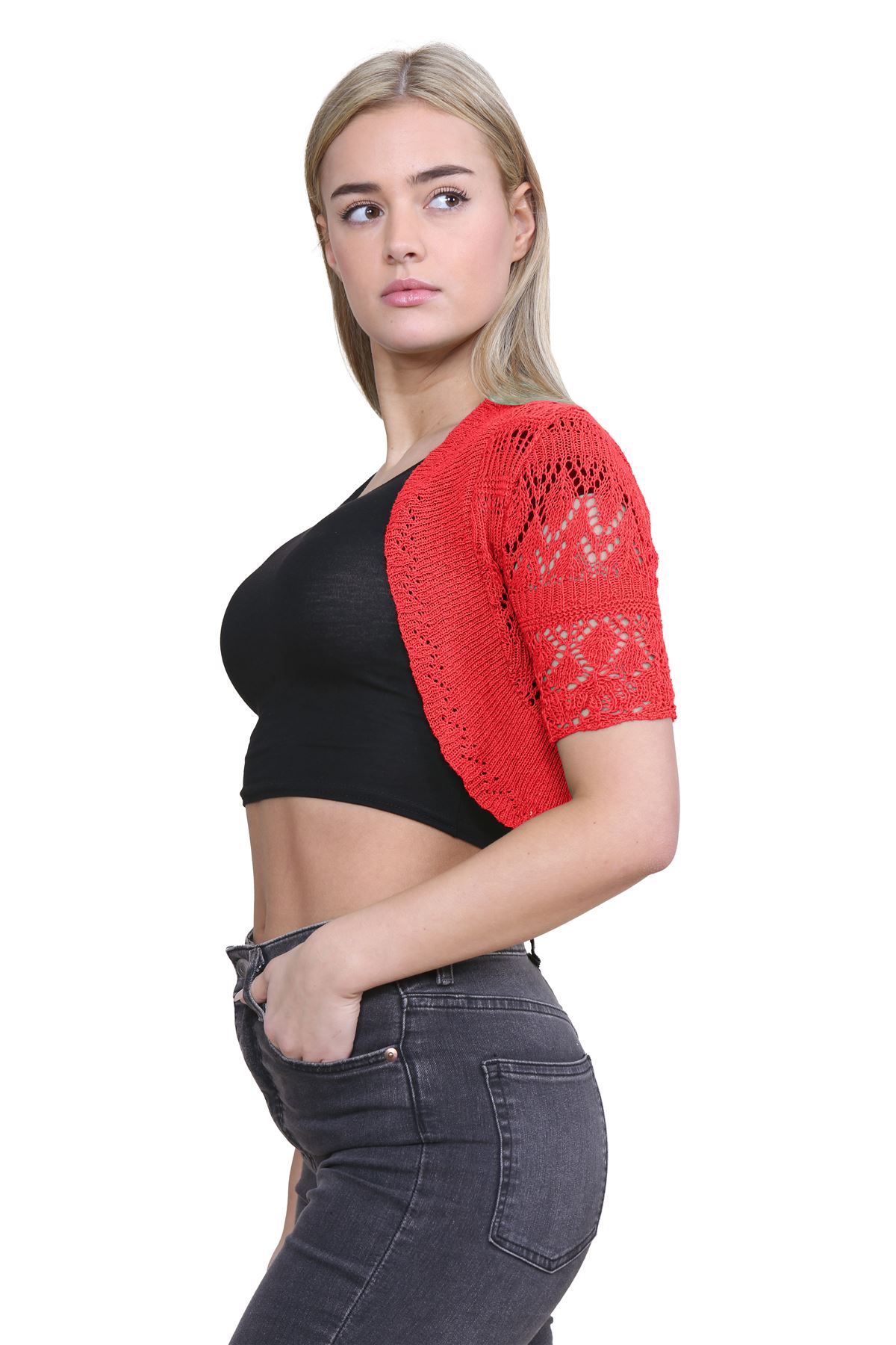 Womens Crochet Knitted Bolero Shrug Short Sleeve Open Front Cardigan Crop Top - Picture 129 of 186