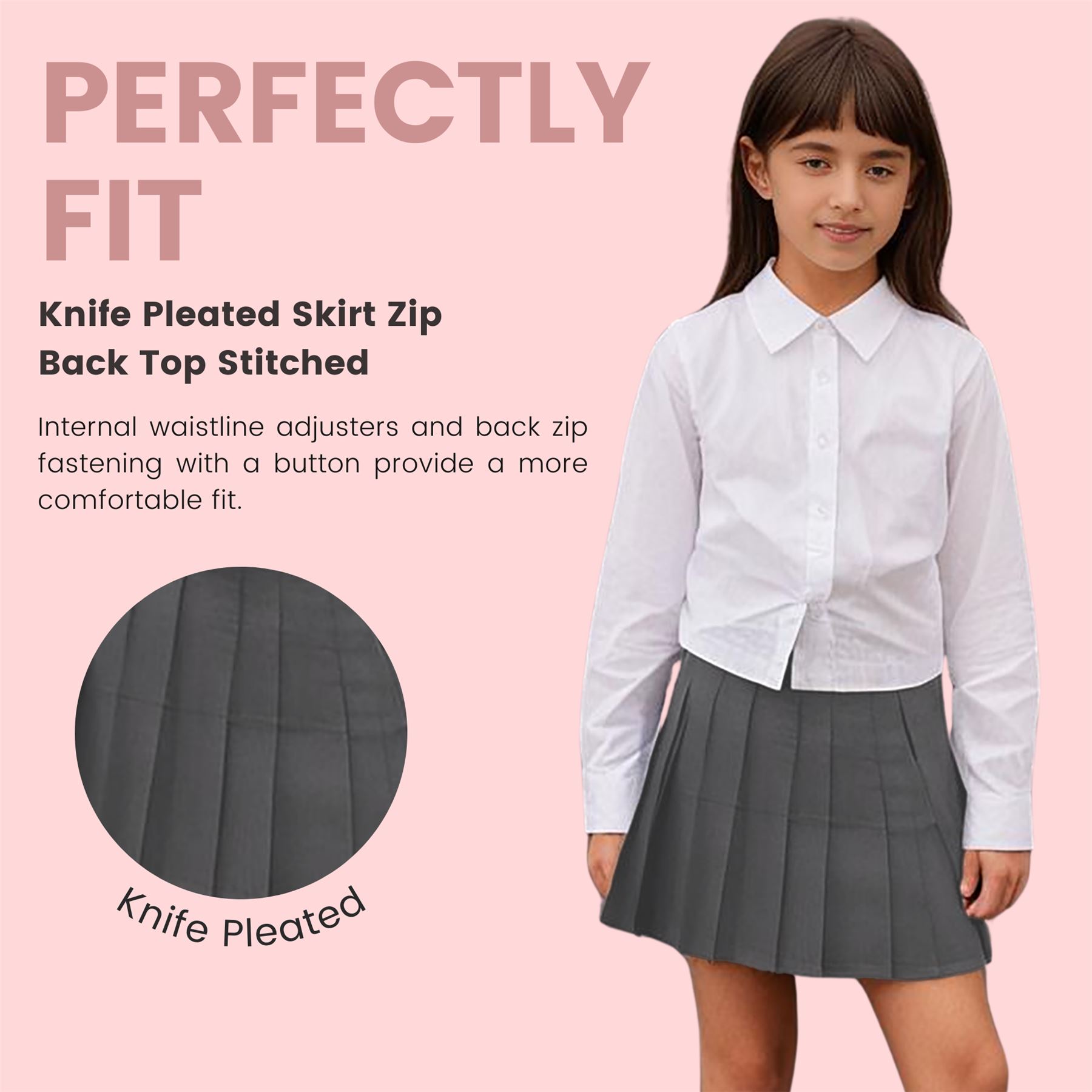 Girls School Skirt All Round Knife Pleated Top Stitched Uniform Mini Skirts - Picture 8 of 11