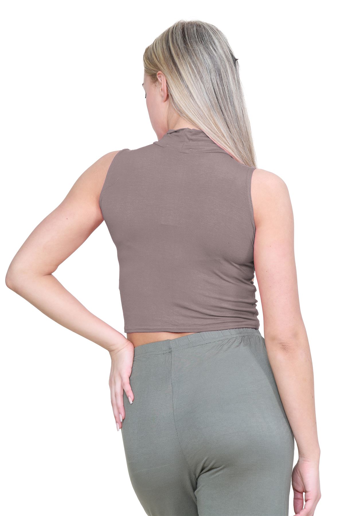 Womens Sleeveless Crop Top Ladies High Turtle Neck Plain Stretchy T-Shirt Vest - Picture 78 of 165