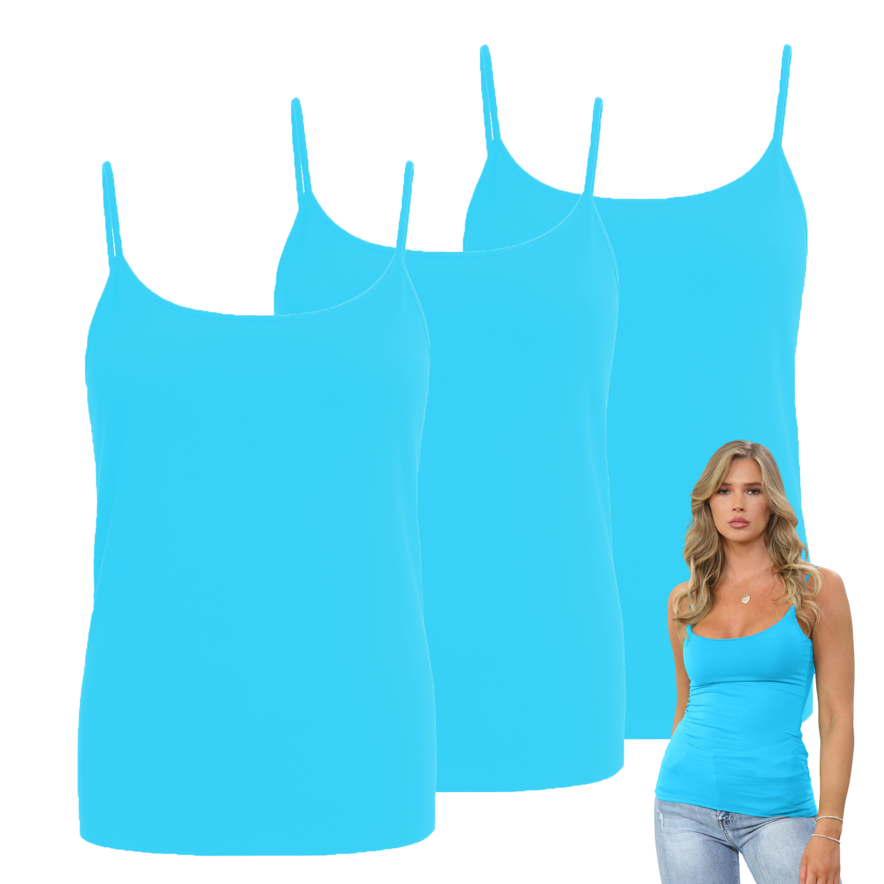 Womens Bodycon Cami Strappy Tank Top Plain Summer Activewear Vest Top, Pack of 3 - Picture 189 of 221