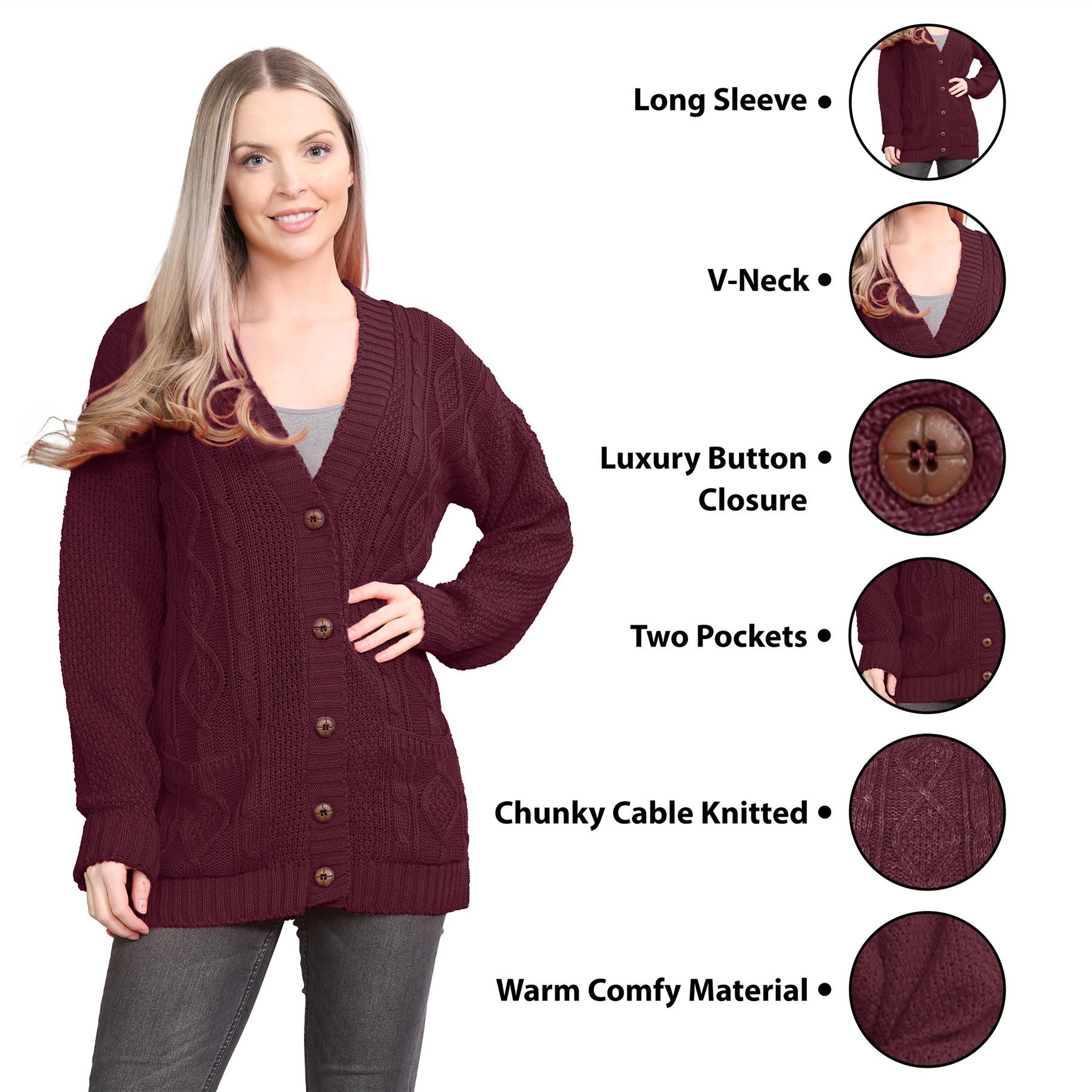 Womens Ladies Chunky Cable Knitted Button Long Sleeve Grandad Cardigan Jumper - Picture 90 of 94