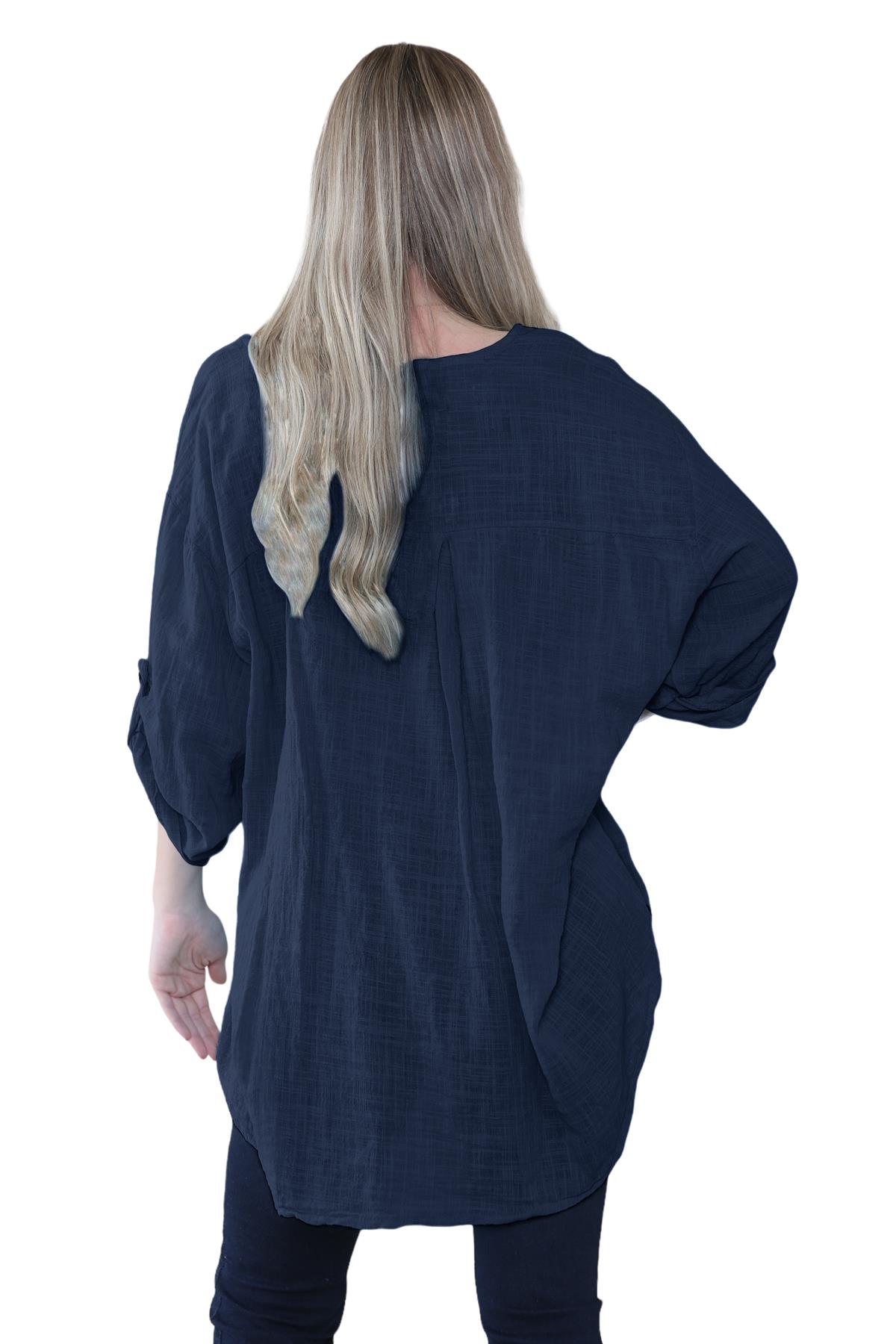 Camiseta informal lisa de lino y algodón con un botón de manga giratoria italiana para dama - Imagen 32 de 63