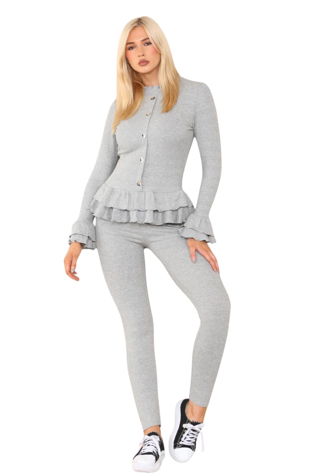 Damas Juego de 2 piezas de ropa de salón con botones peplum manga larga - Imagen 8 de 55