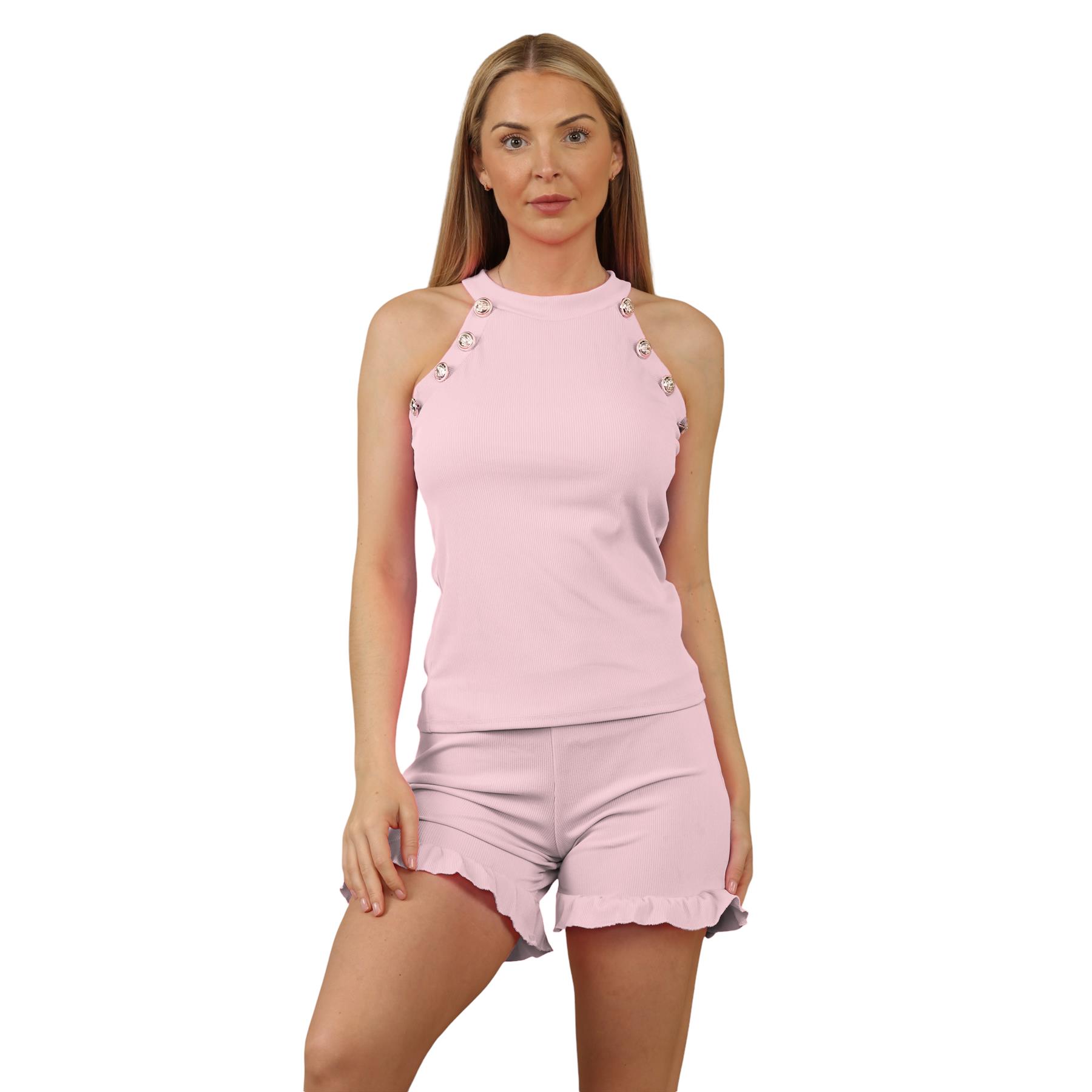 Conjunto corto acanalado para mujer Chaleco con botones dorados Top Volantes Pantalones cortos Co-ords 2 piezas Ropa de salón - Imagen 40 de 60