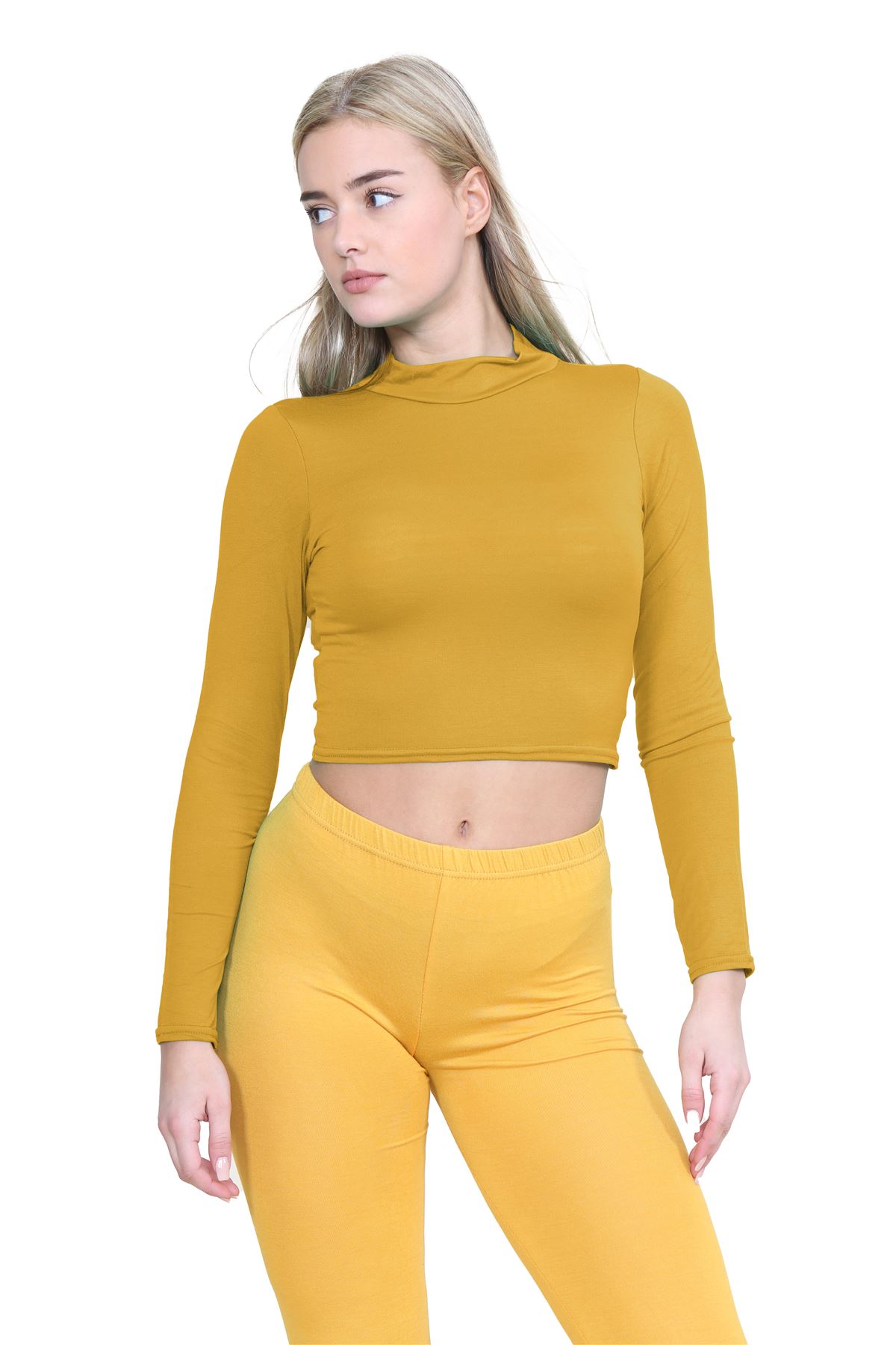 Turtle Neck Crop Top Womens Plain Long Sleeve Stretchy Basic Polo Neck T-Shirt - Picture 22 of 129