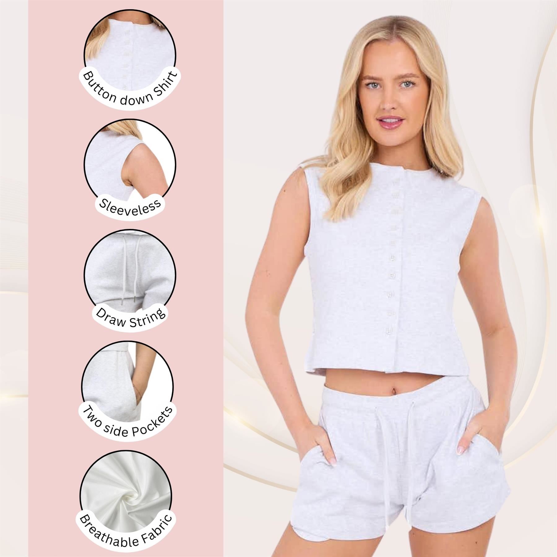 Damen Gerippt Ärmellos Knopfleiste Crop Top und Kordelzug Shorts Loungewear Set - Bild 18 von 49