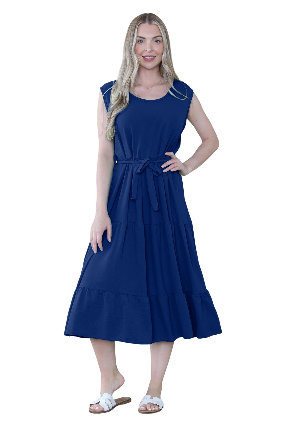 Womens Italian Smock Dress Sleeveless Belted Midi Dress Plain Frill Summer Dress - Picture 53 of 64