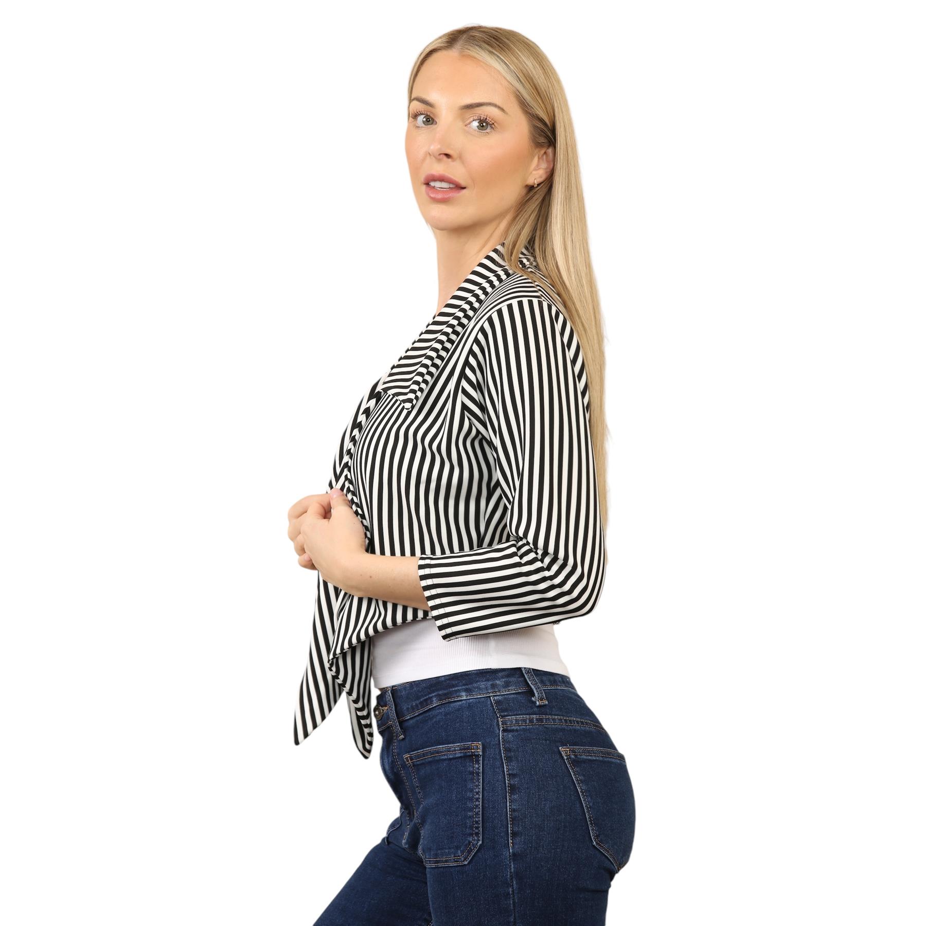 Womens Waterfall Crop Blazer Black White Stripe Print 3/4 Sleeve Open Jacket Top - Picture 5 of 9