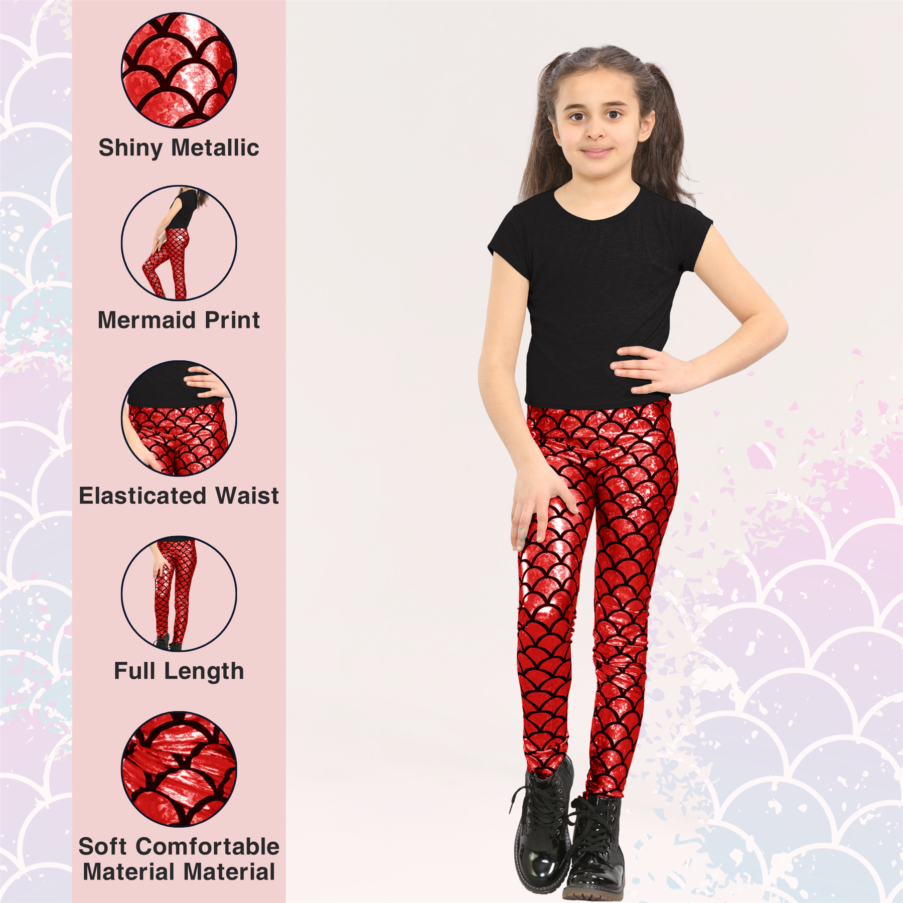 Girls Mermaid Leggings Kids Fish Scale Disco Skinny Shiny Metallic Trouser Pants - Picture 36 of 57