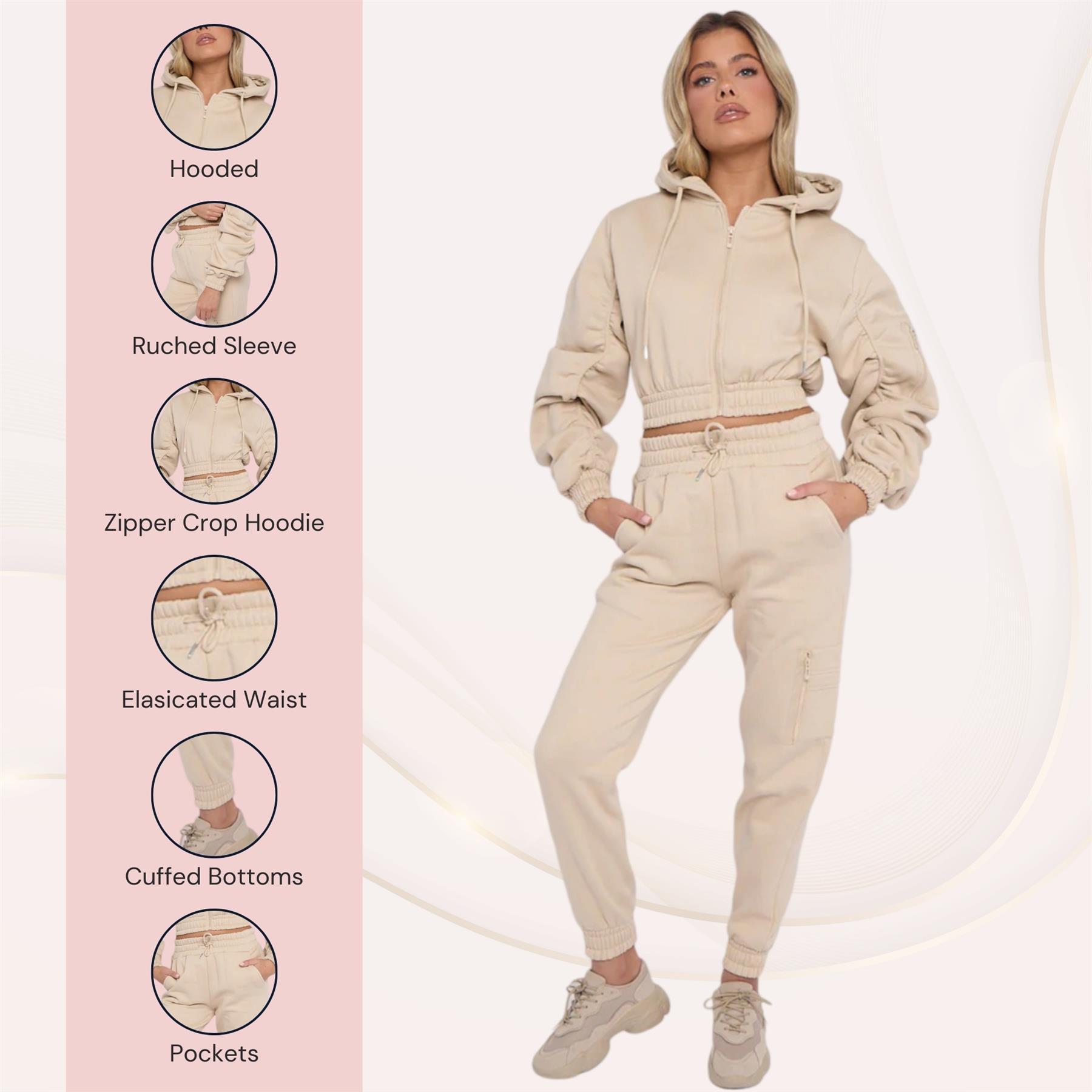 Damas Traje de chándal 2 piezas Juego de salón Mangas fruncidas Sudadera con capucha recortadas Ropa de salón - Imagen 37 de 44
