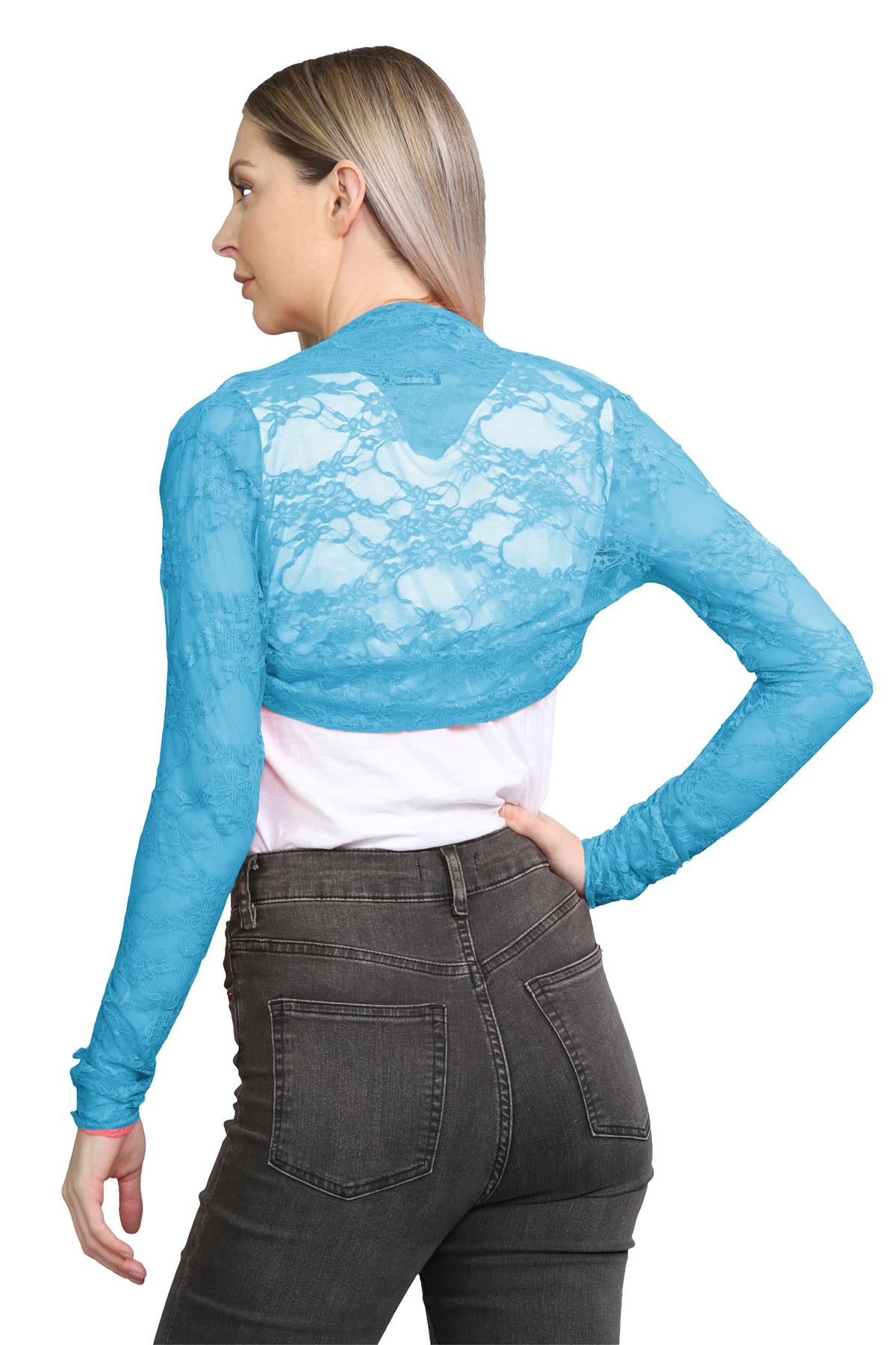 Damen Blumen Spitze Bolero Achselzucken vorne offen lange Ärmel Cropped Cardigan Top - Bild 52 von 79