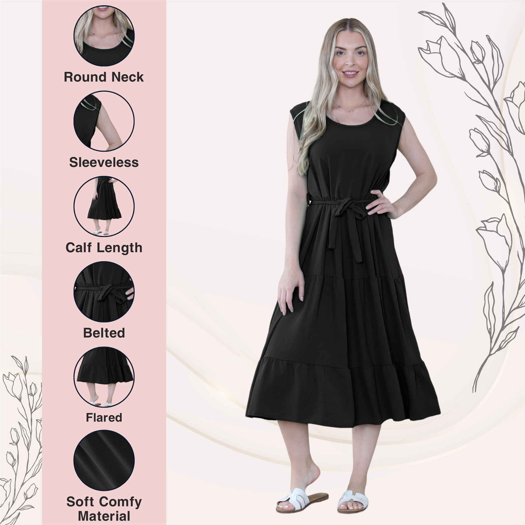 Womens Italian Smock Dress Sleeveless Belted Midi Dress Plain Frill Summer Dress - Picture 20 of 64