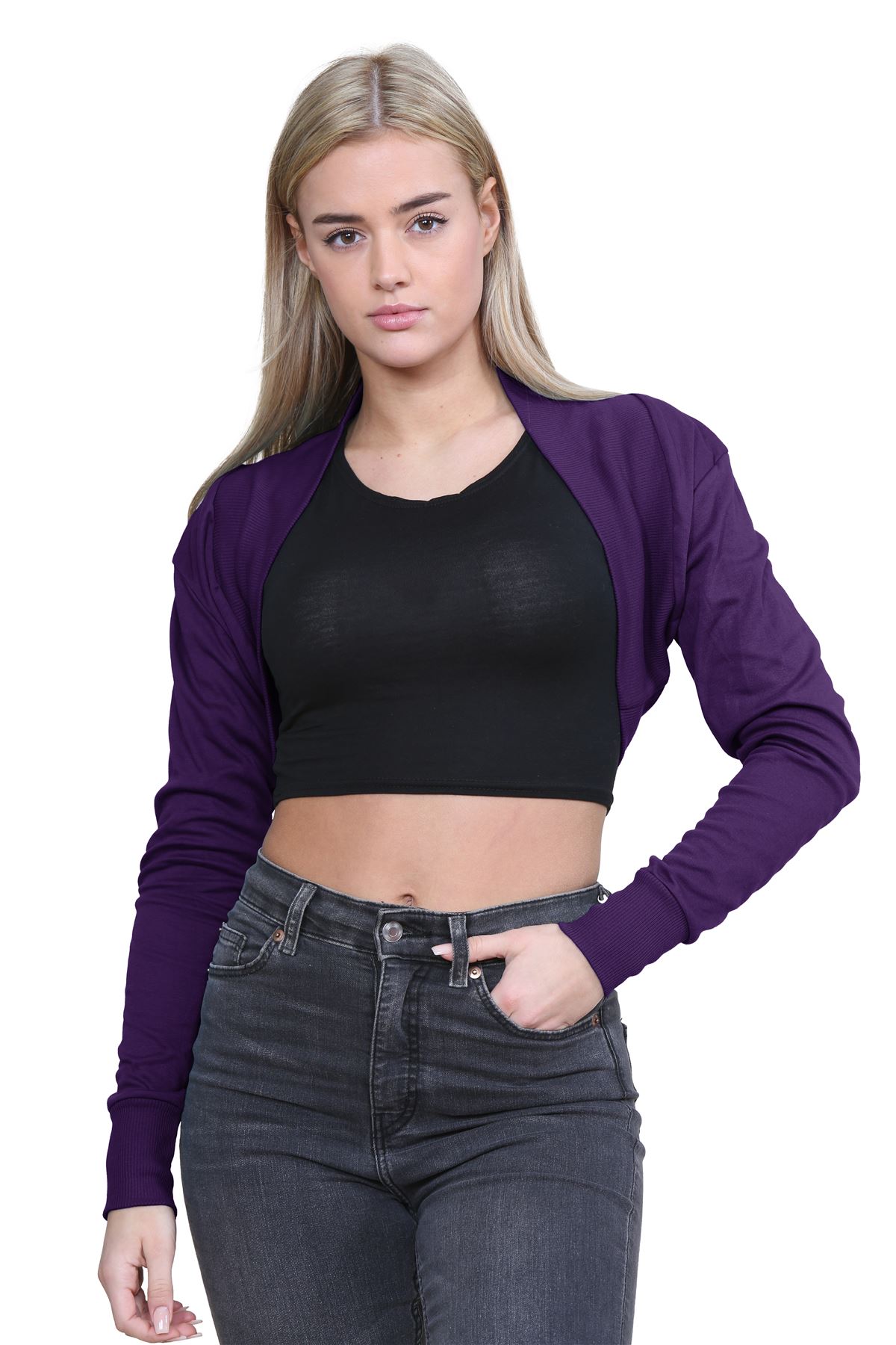 Ladies Long Sleeve Cotton Shrug Plain Open Bolero Cardigan Soft Summer Crop Top - Picture 49 of 84