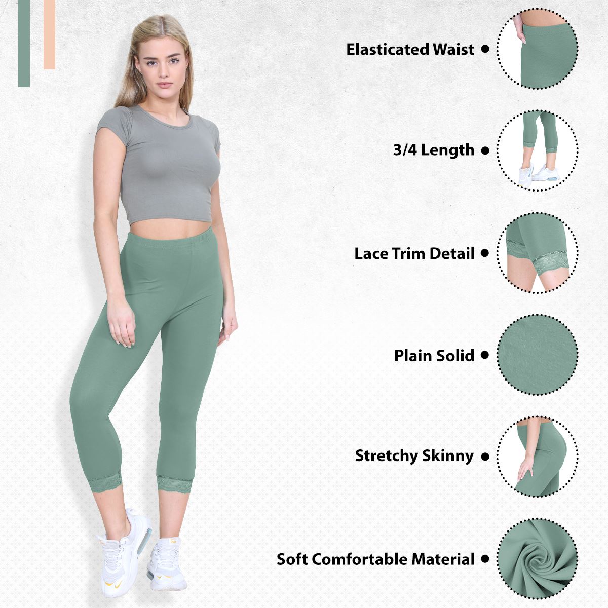 New Ladies Plain Lace Trim Cropped Yoga Stretchy 3/4 Length Capri Leggings Pants - Picture 131 of 132