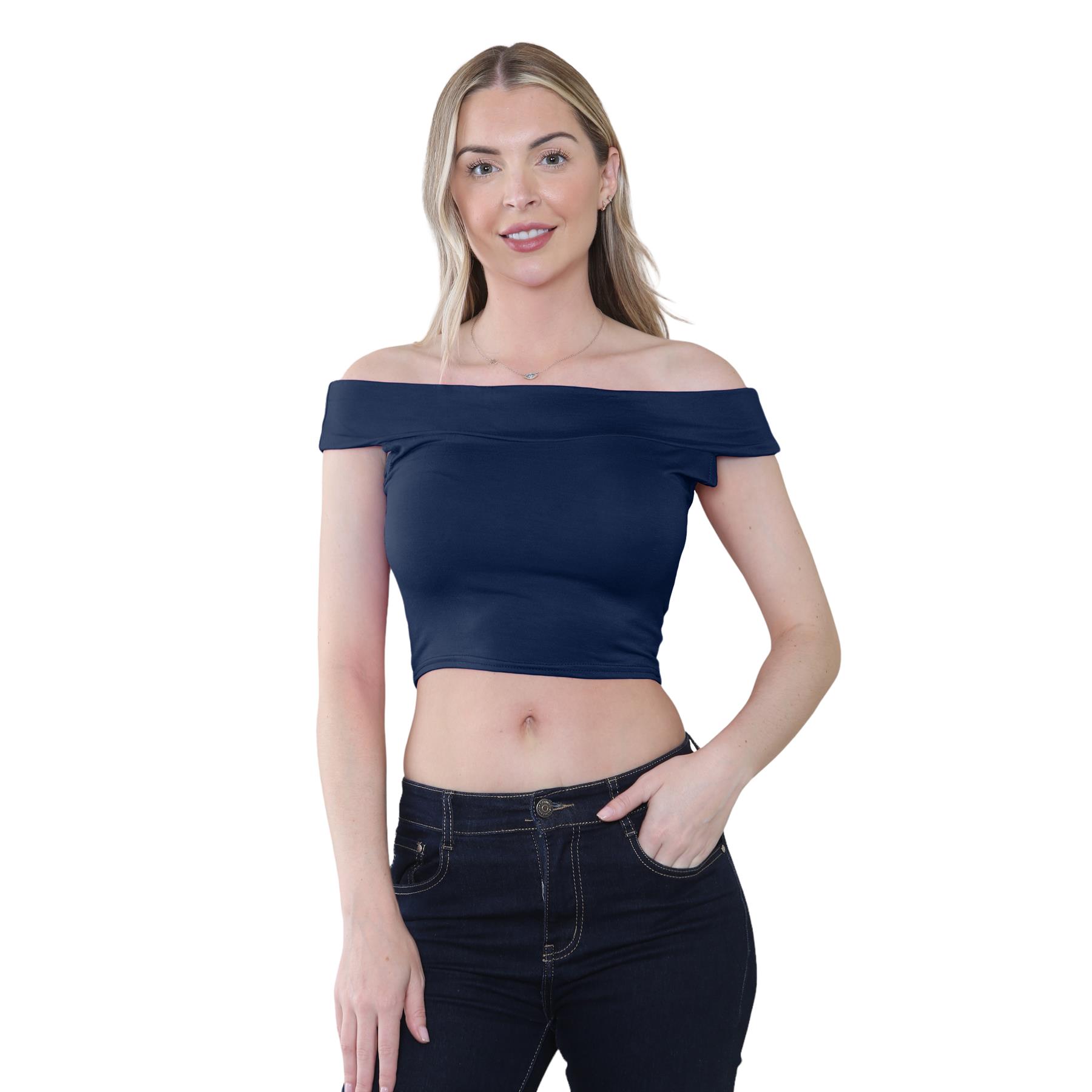 Schulterfreies bauchfreies Damen-T-Shirt Bardot ärmellos schlicht Sommer Freizeit Party - Bild 36 von 71