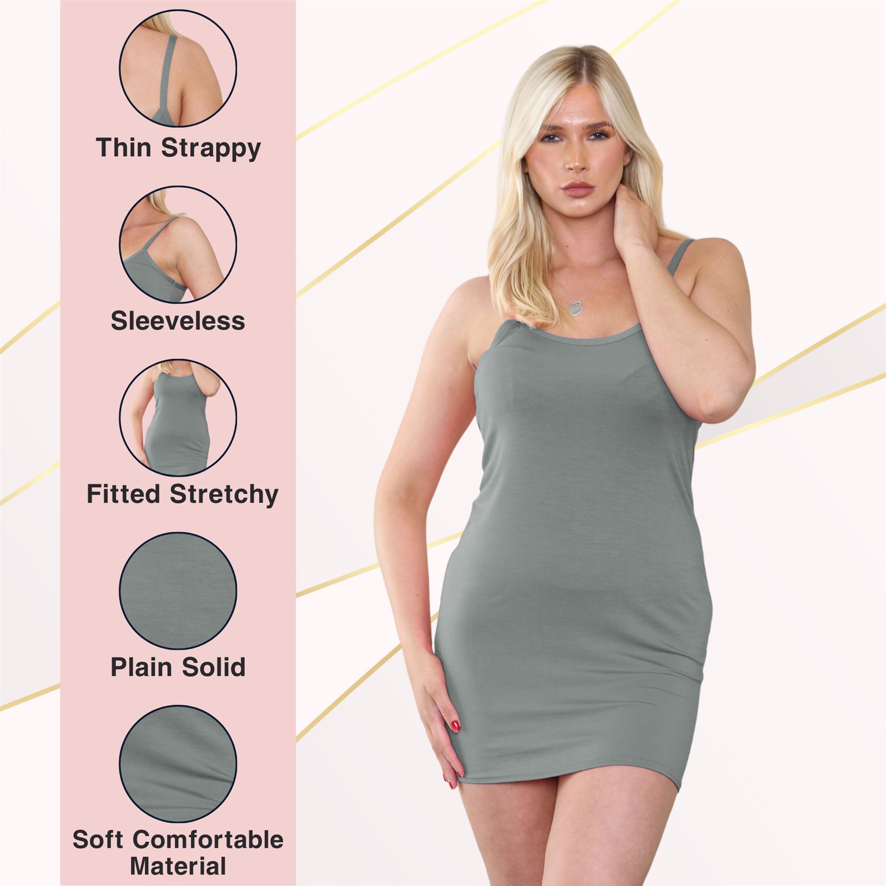 Womens Cami Bodycon Mini Dress Plain Strappy Vest Summer Tank Top Mini Dress - Picture 55 of 127