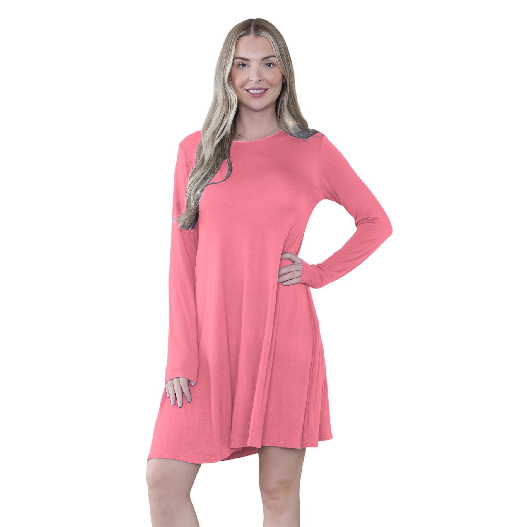 Damen Swing Kleid Uni Langarm Freizeit Ausgestellt A Linie Mini Oberteil Übergröße - Bild 25 von 100